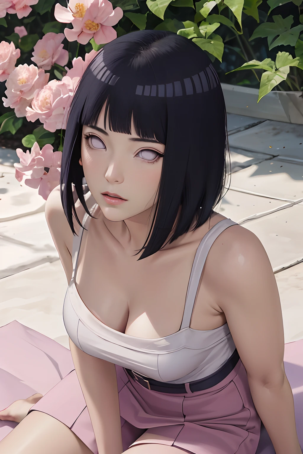 masterpiece, absurdres, hinata\(boruto\), 1girl, solo,mature female, spaghetti strap top, high waist pencil short skirt, looking at viewer, (falling petals), perfect composition, detailed lips, big breast, beautiful face, body propotion, blush, (pink lips), long hair, purple eyes, soft gaze, super realistic, detailed, photoshoot, realistic face and body,