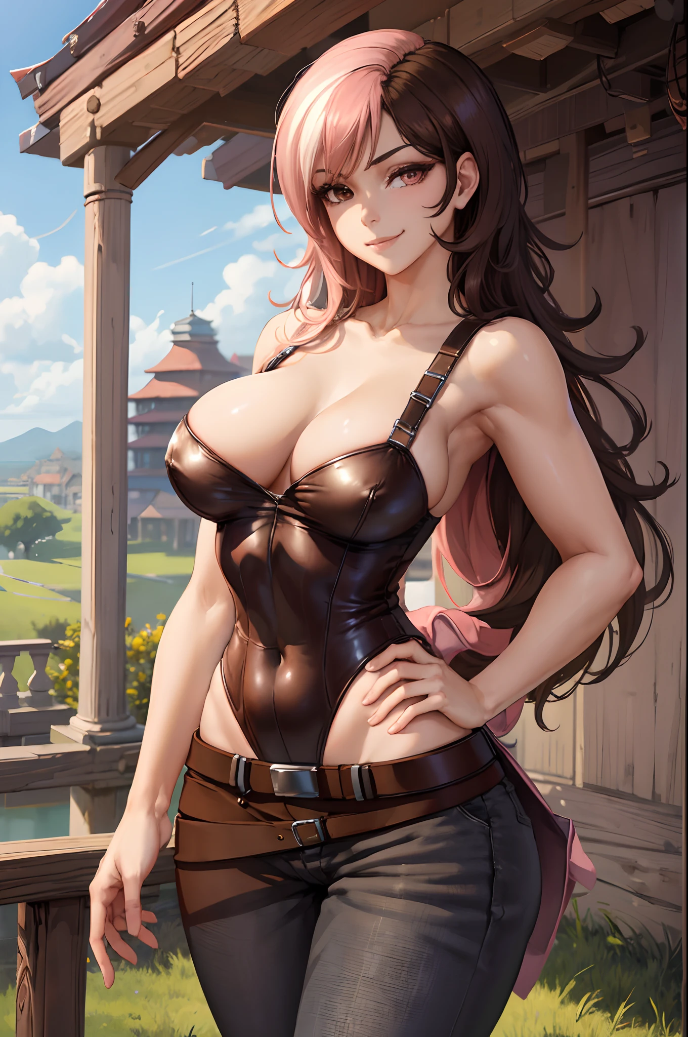 (Masterpiece, Best Quality:1.2), Cowboy shot, 独奏, 1girl, Neapolitan, Smile, closed mouth, looking a viewer, Hand on hip, Heterochromia, Brown eyes, pink eyes, Huge-breasts, leotard, pants, wide thighs, belt