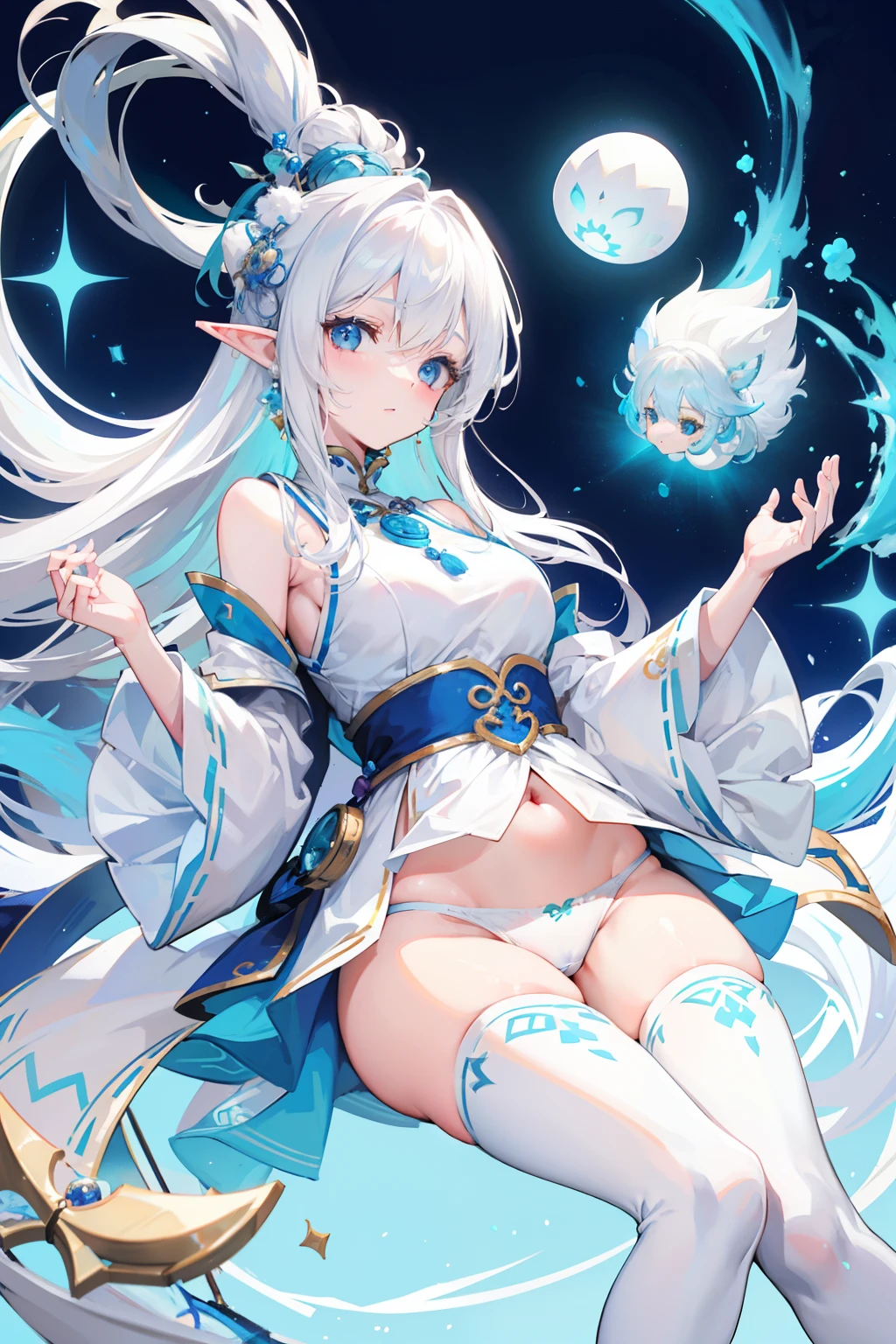 Creamy white hair,Fuzzy clothes,Hairy lute,Blue and white color scheme,Cute as the Jade Rabbit Elf,Precision and flexibility,white panties,Beautiful appearance,It's a sweet girl