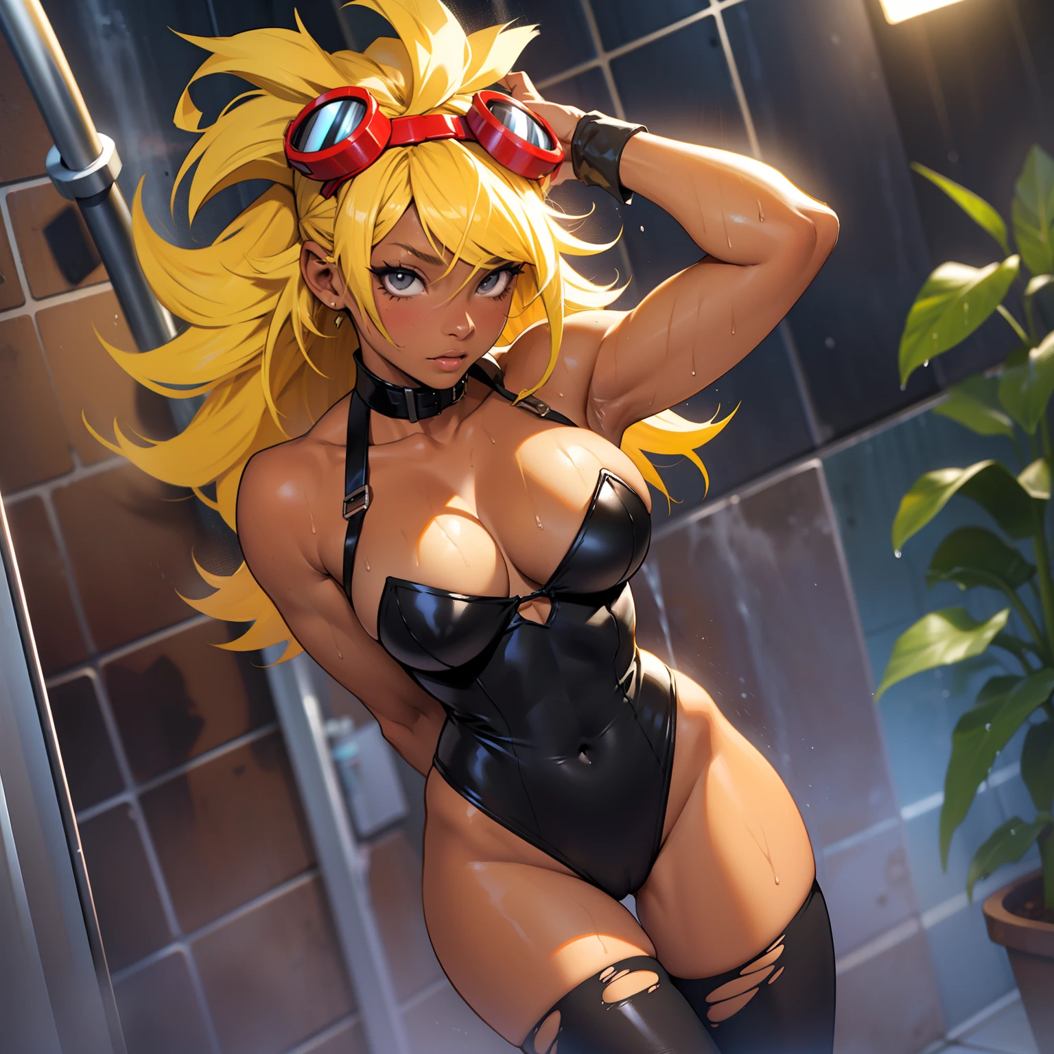 solar_flare_(plants_vs_zombies_heroes), masterpiece, best quality, 1girl, solo, goggles, blonde hair, goggles on head, breasts, dark skin, dark-skinned female, navel, Big Breasts, Voluminous Breasts, Lush Breasts, spiked hair, black eyes, looking at viewer, long hair, playboy bunny, bunny suit, bunny ears, bunny tail, exposed breasts, lingerie, leotard, Full body visible, Shower, Wet Hair,taking a shower, ripped pantyhose, partial nudity, torn clothes, clothes did not cover breasts and , her hands grabbing her own breasts