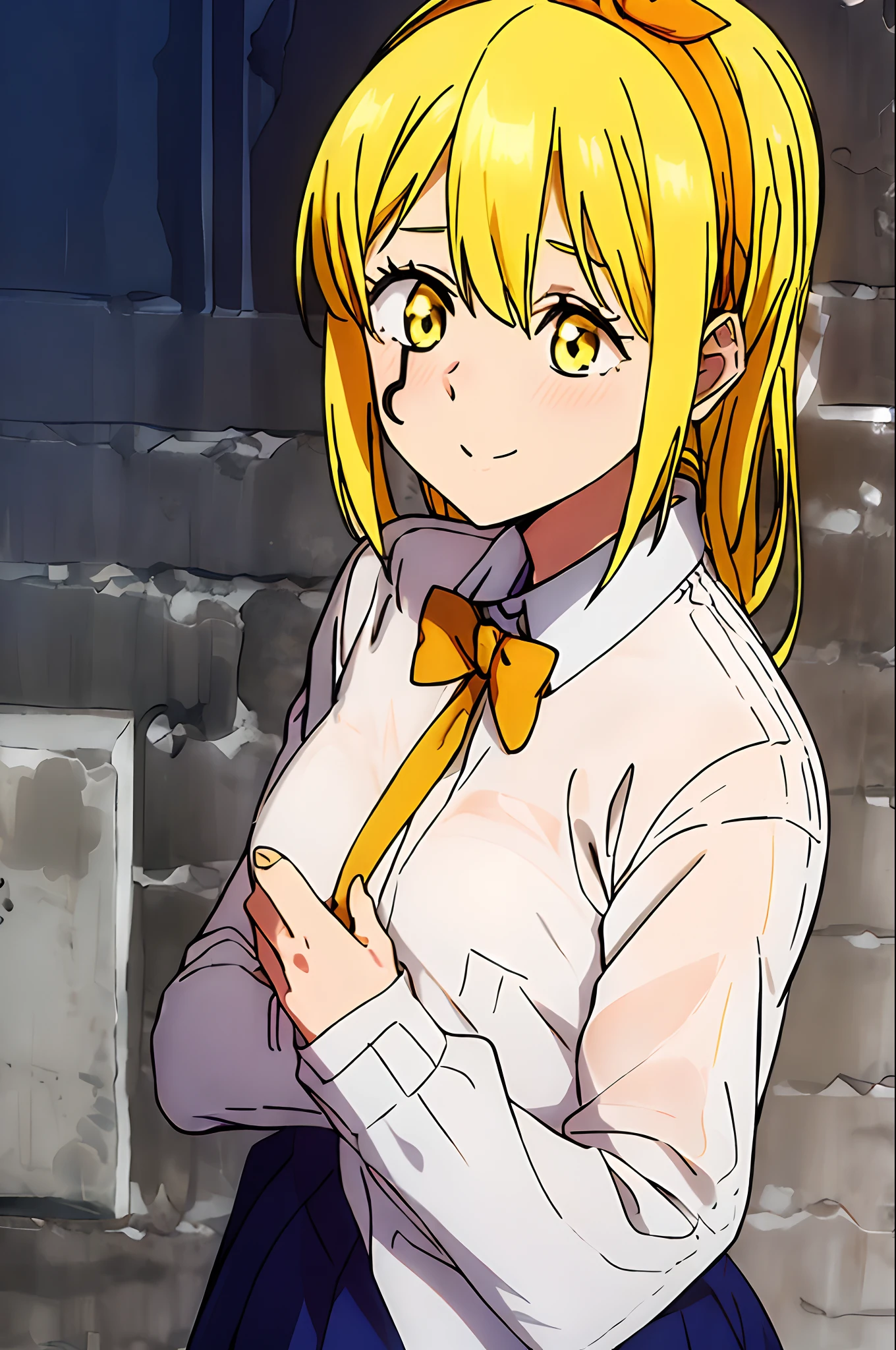 masterpiece, 1girl, lemon irvine, blonde hair, headband, bowtie, school uniform, blush, stars, glitter, sparkle