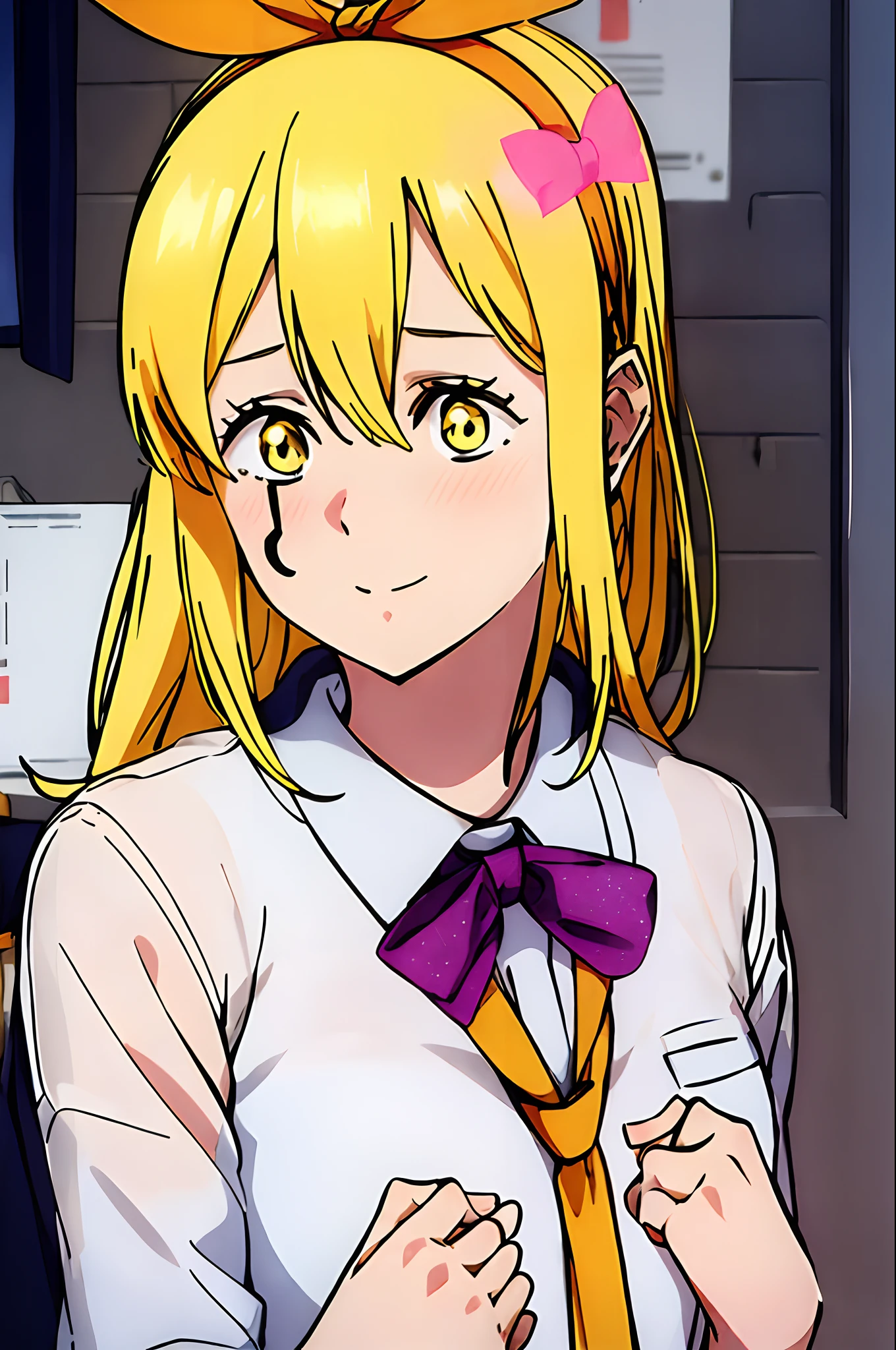 masterpiece, 1girl, lemon irvine, blonde hair, headband, bowtie, school uniform, blush, stars, glitter, sparkle