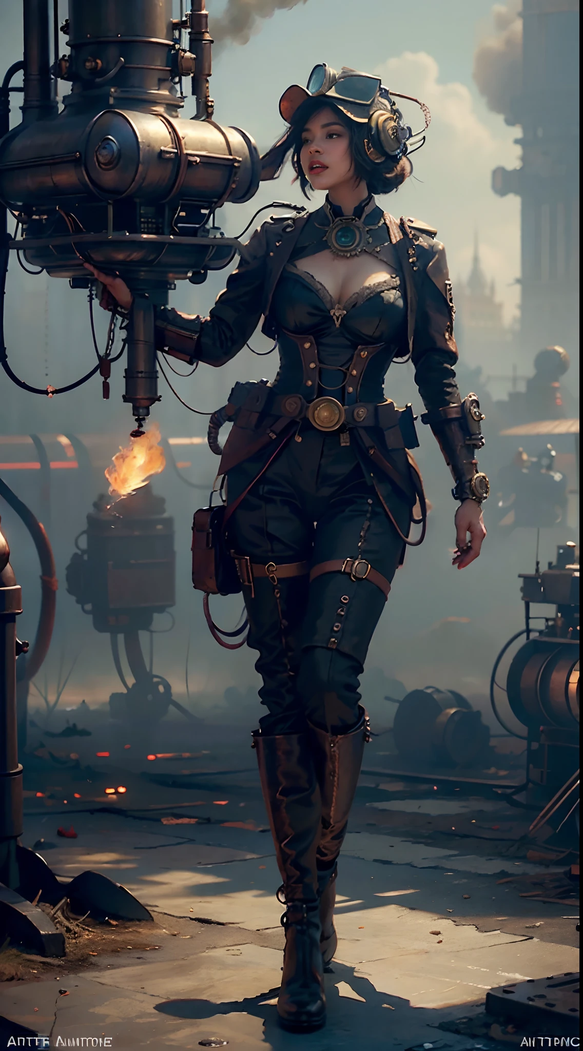 There's a sexzy african woman with a steam-powered dusky skin, with big boobs,Royal look,helmet, arte conceitual steampunk, sexzy full body view, flying,Wojtek FUS, arte digital steampunk, detailed wild steampunk illustration, Portrait of a gold and copper mechanical woman, arte steampunk, estilo de arte dieselpunk, cyberpunk steampunk, estilo de fantasia steampunk, Arte digital altamente detalhada em 4k, sci-fi steampunk