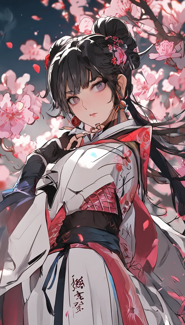 Danfengmu,bushido,The upper part of the body,Black Coil Hair,Simple hairpin,Cold eyes,solo person,orthofacial,frontage,Peach blossom background,Saturated colors,hyper realstic,8K High Resolution,Holding a longsword,Absolutely beautiful,highlight,Colorful - Rainbow 5