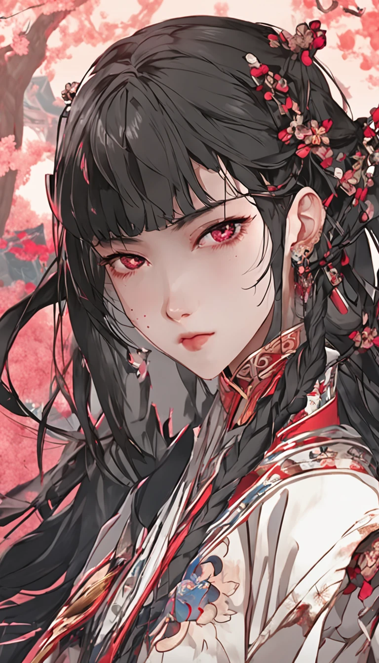 Danfengmu，bushido，The upper part of the body，Black Coil Hair，Simple hairpin，Cold eyes，solo person，orthofacial，frontage，Peach blossom background，Saturated colors，hyper realstic，8K High Resolution，Holding a longsword，Absolutely beautiful，highlight，Colorful - Rainbow 5