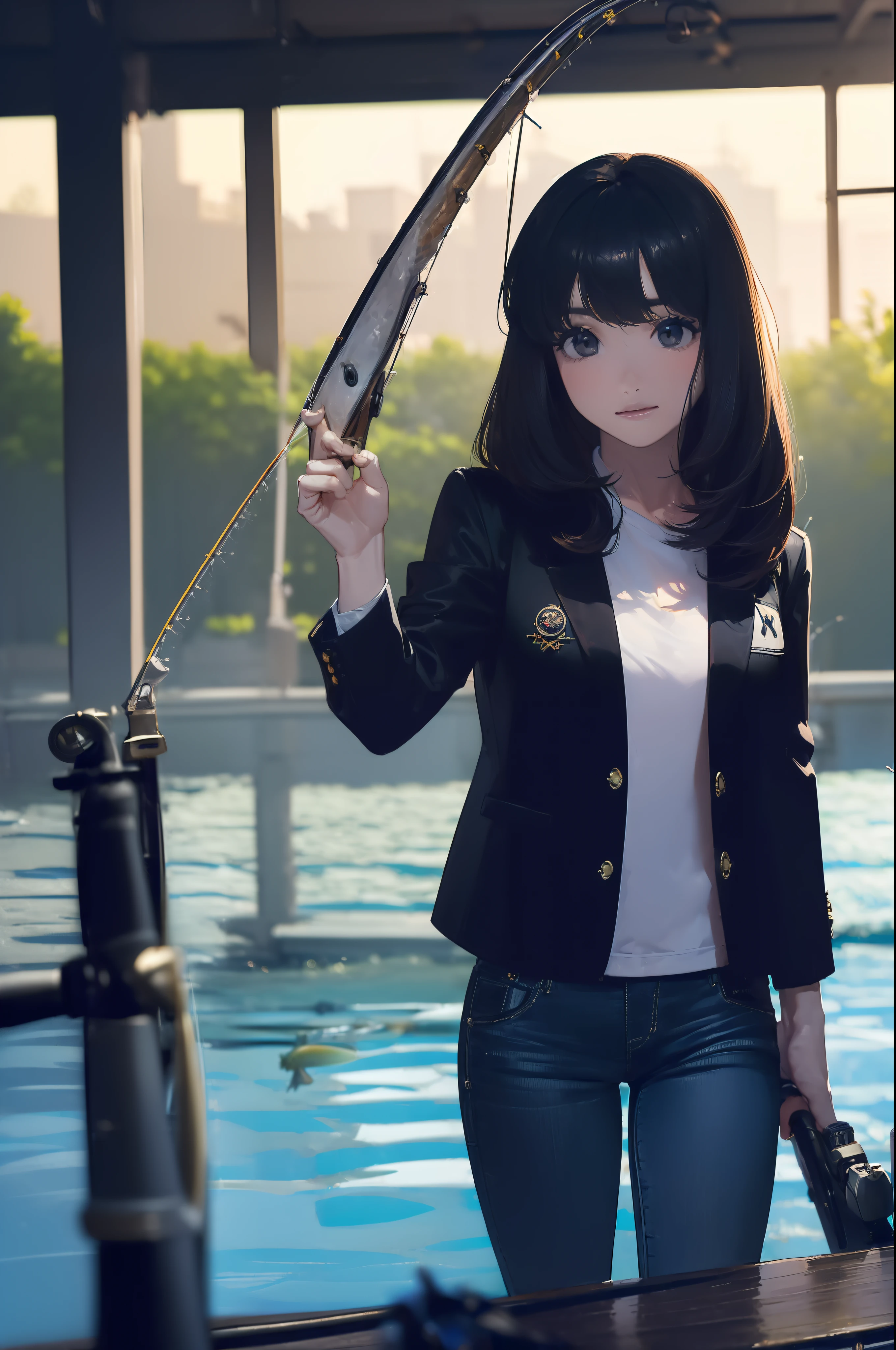 ((((having a fishing rod with a reel by the lakeside:1.5)))),((Female 28 years old)),((Best Quality:1.5)),(((Hands with the correct number and structure of fingers:1.4))),((Big fish:1.37)),hight resolution,ultra-detailliert,masterpiece,best qualtiy,(Eight-headed body),Black hair, long eyes-lashes, Solid Circle Eyes, drop shadow, Atmospheric perspective,Super Detail, ccurate, small brest,(Black jacket and black jeans :1.1),top-quality, blurry backround, bokeh dof:1.2, (masterpiece:1.3), Atmospheric perspective,Super Detail,dynamic compositions,