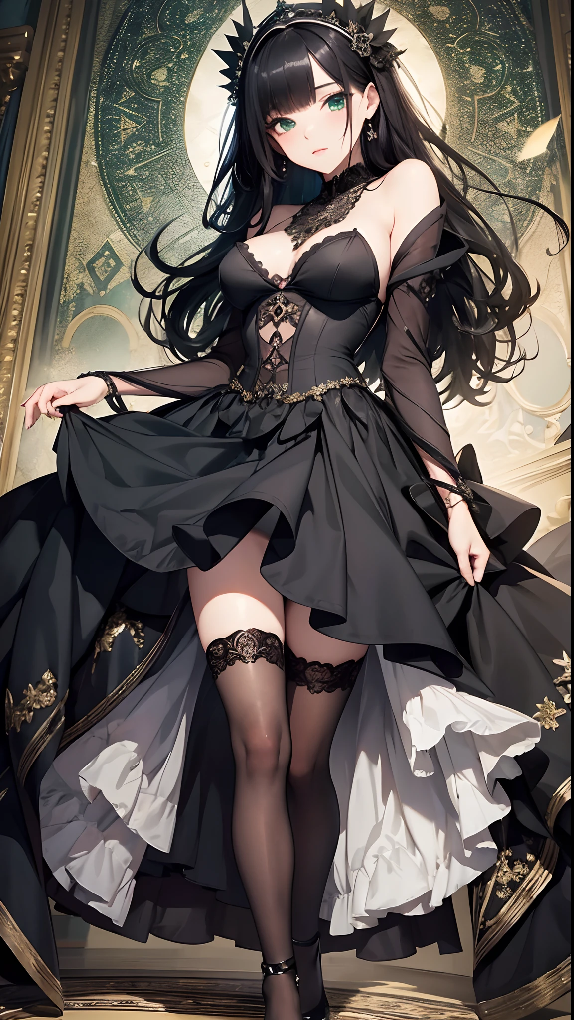 Masterpiece, dreamlike art, 1 girl, solo, full picture, long black hair, dripping_hair, green eyes, young woman,wind blowing, holding down own skirt, gracious intricate black wedding dress with black stockings, blush, high heels