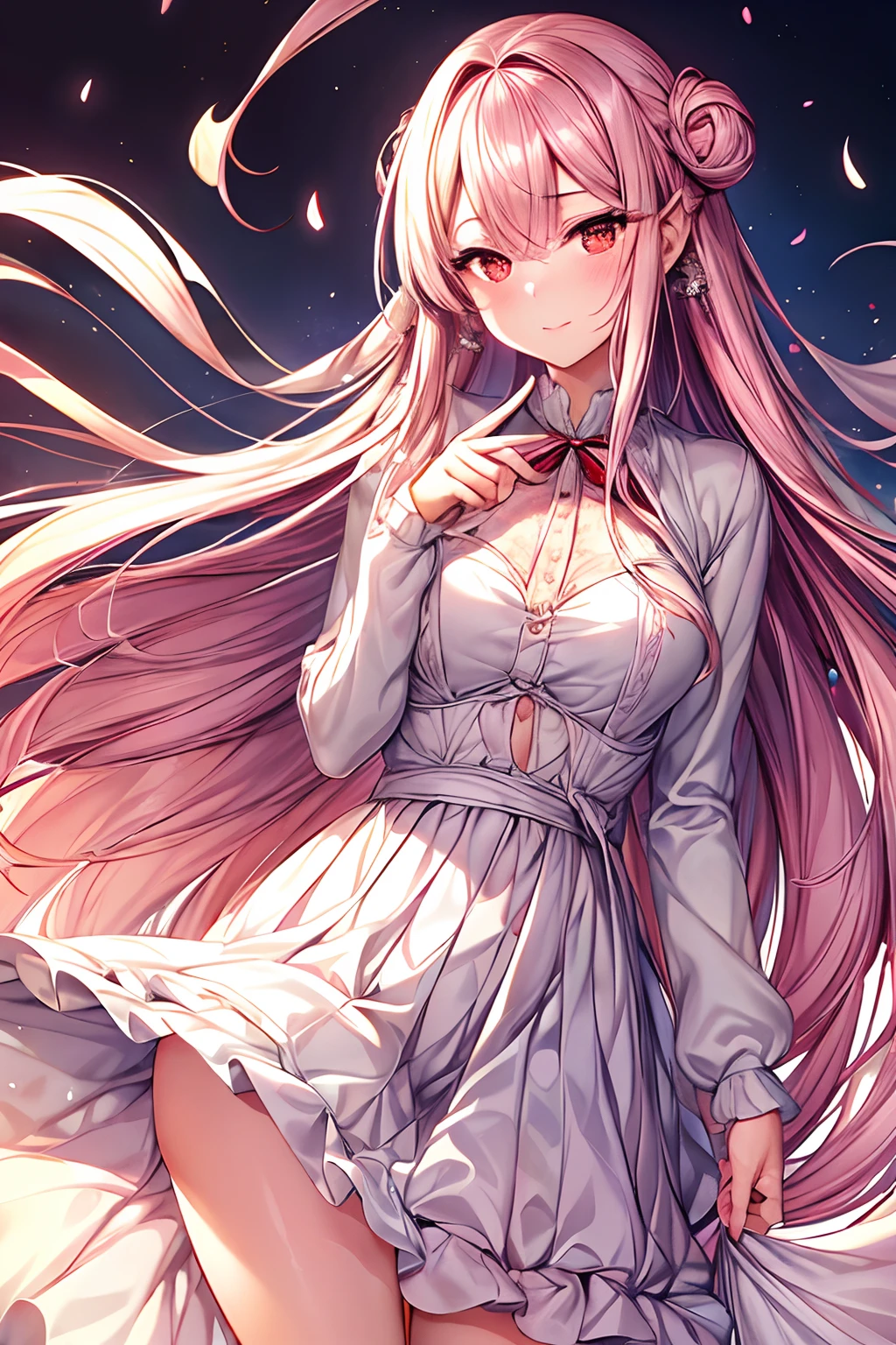 Pastel paint、masuter piece, Best Quality, masuter piece, Game CG,Best Shadow, 40 years、A MILF、Different space、Different dimensions、Another dimension、Longhaire、
Angle,1girl in,Lady,Ultra-realistic 8K CG,((Skirt flutters)), Realisticity, Best Quality,Ultra-detailed,Best Illustration,extremely delicate and beautiful,glowing earrings,Beautiful red eyes,Eyelashes,roundly eyes,Eye of rumors,Twinkle Eyes,Glowing eyes,Sparkling eyes,finely detail,Beautiful detailed girl,((Wind)),(Hair fluttering in the wind)),Slender face,lip stick,鎖骨,small tits、tiny chest、,Riman,(absurdly long hair),Delicate beautiful face,half updo / Upstyle,Pearl Pink Gradient Hair,Shiny hair,Shiny skin,Red skin,(((Bangs on one eye))),Cardigan,White blouse,long skirt、((Light red inner hair)),Gentle expression,index finger raised,Wink、The best smile、Peace sign near the face、