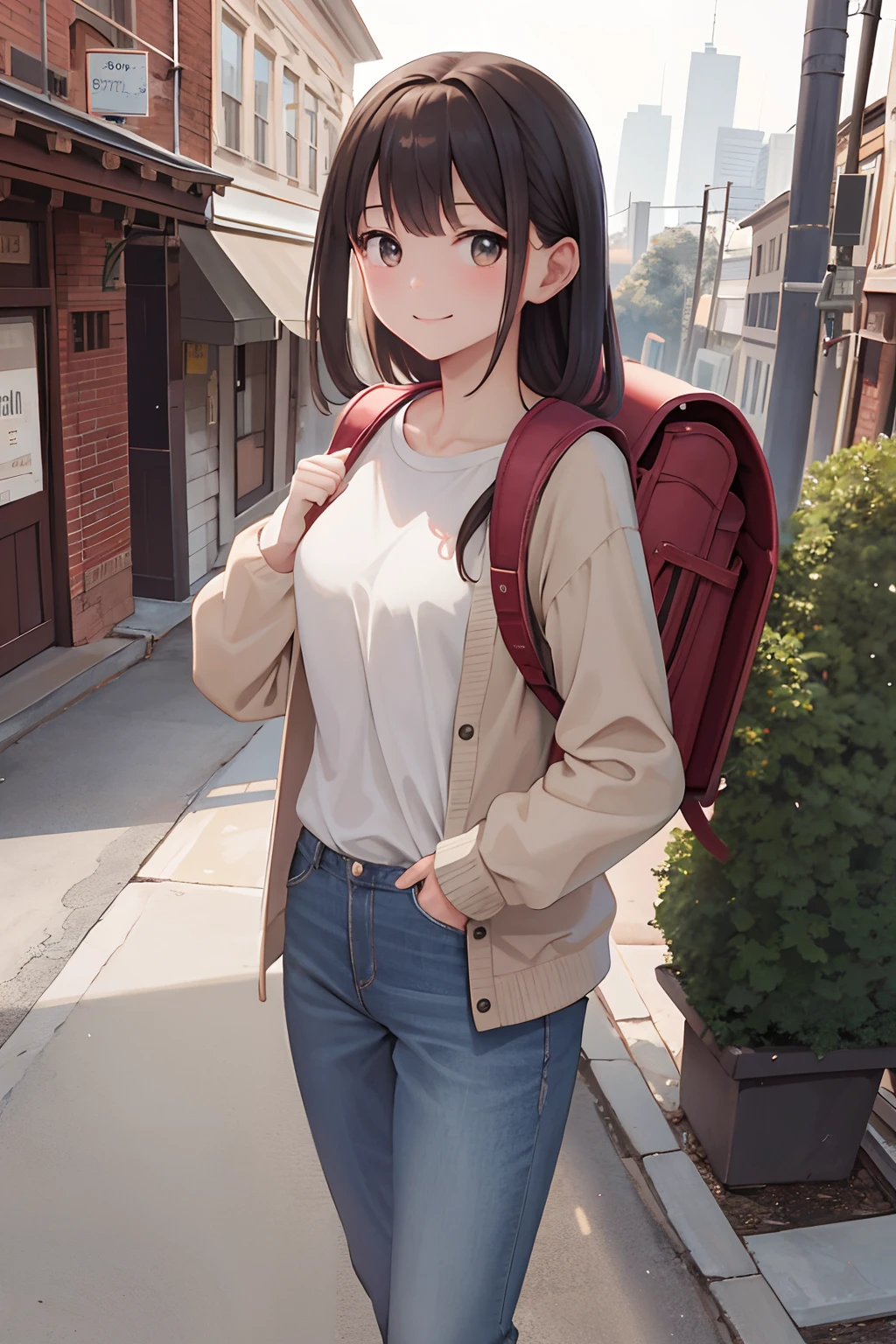 masterpiece, best quality, high resolution, extremely detailed, detailed background, cinematic lighting, 1girl, young woman, wear white shirt, brown cardigan, long denim pants , smile, wearing backpack, (backpack:1.0), travel backpack, standing, fullbody, day, sunlight, outdoor