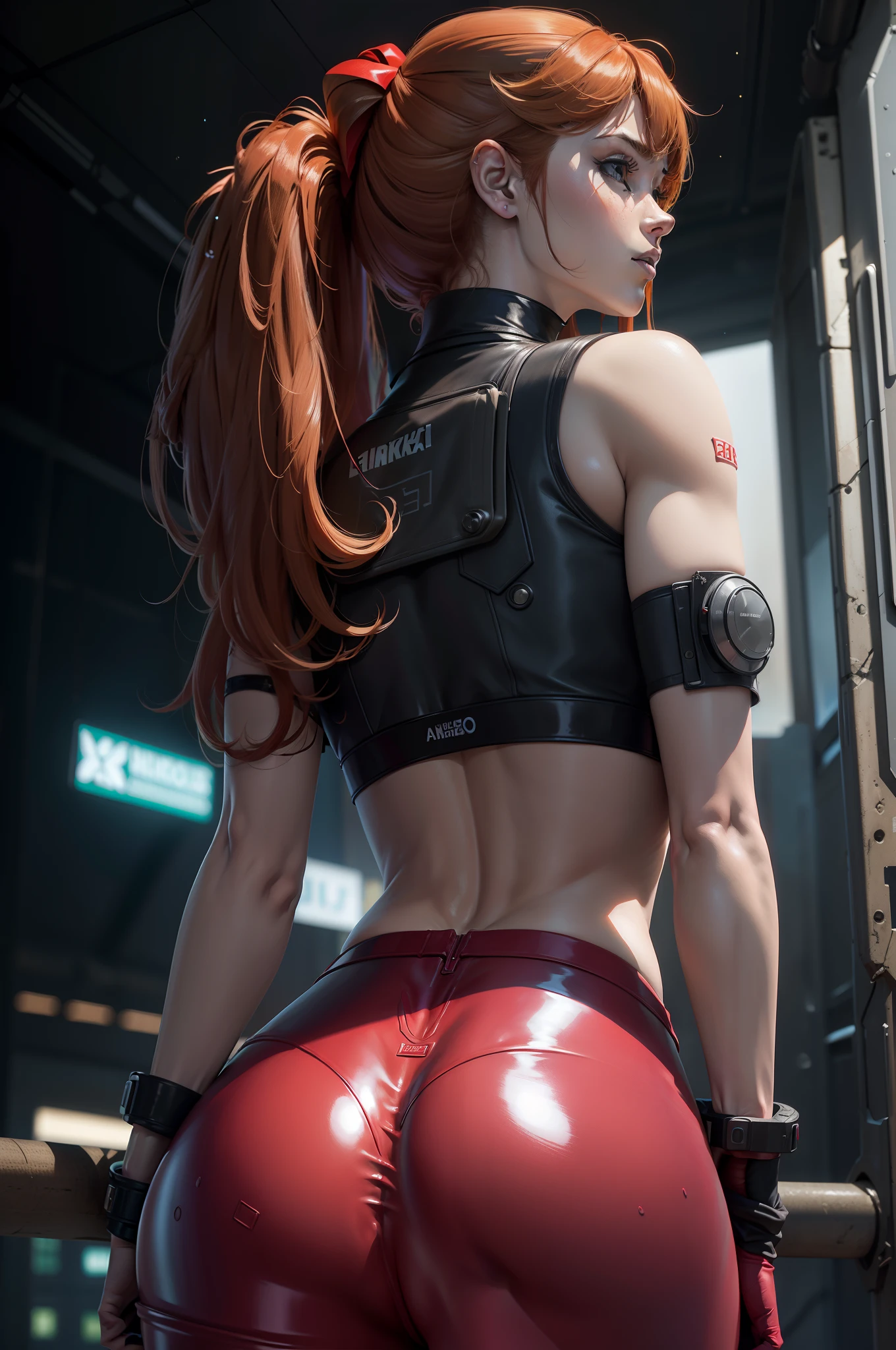 ((Asuka Langley Shikinami)), ((pantalones de vinilo rojo brillante)), (((pantalones metidos por el))),(), We see it from behind, Uso de un walkman, agachada apoyando sus brazos en una barandilla de un edificio cyberpunk, Ambiente cyberpunk, Vemos su de cerca, ((perfecto)), delgado, small ass, Ella abre su, ((Pelo rojo)), Pelo en coletas, ojos azul claro, ((La mejor calidad)), ((Obra maestra)), ( Altamente detallado:1.3), .......................3D, splendid , (cyberpunk:1.3), (( perfecto)) ((vista)) (((Very small pantyhouse))), vida real, HDR (High Dymanic Range), Trazado de rayos, NVIDIA RTX, Super resolution, Irreal 5, Subsoil Scatter, Texturas PBR, Procesamiento posterior, Anisotropic filtering, Profundidad de campo, Alta nitidez y nitidez, Texturas multicapa, Mapeo de albedo y especular, Sombreado de superficies, Accurate simulation of light-material interactions, proporciones perfectas, Renderizado de octanaje, duotone lighting, ISO bajo, balance de blancos, Gobernante de tercios, Amplia apertura, 8K RAW, high-efficiency subpixels, sub-pixel convolution, glow particles,