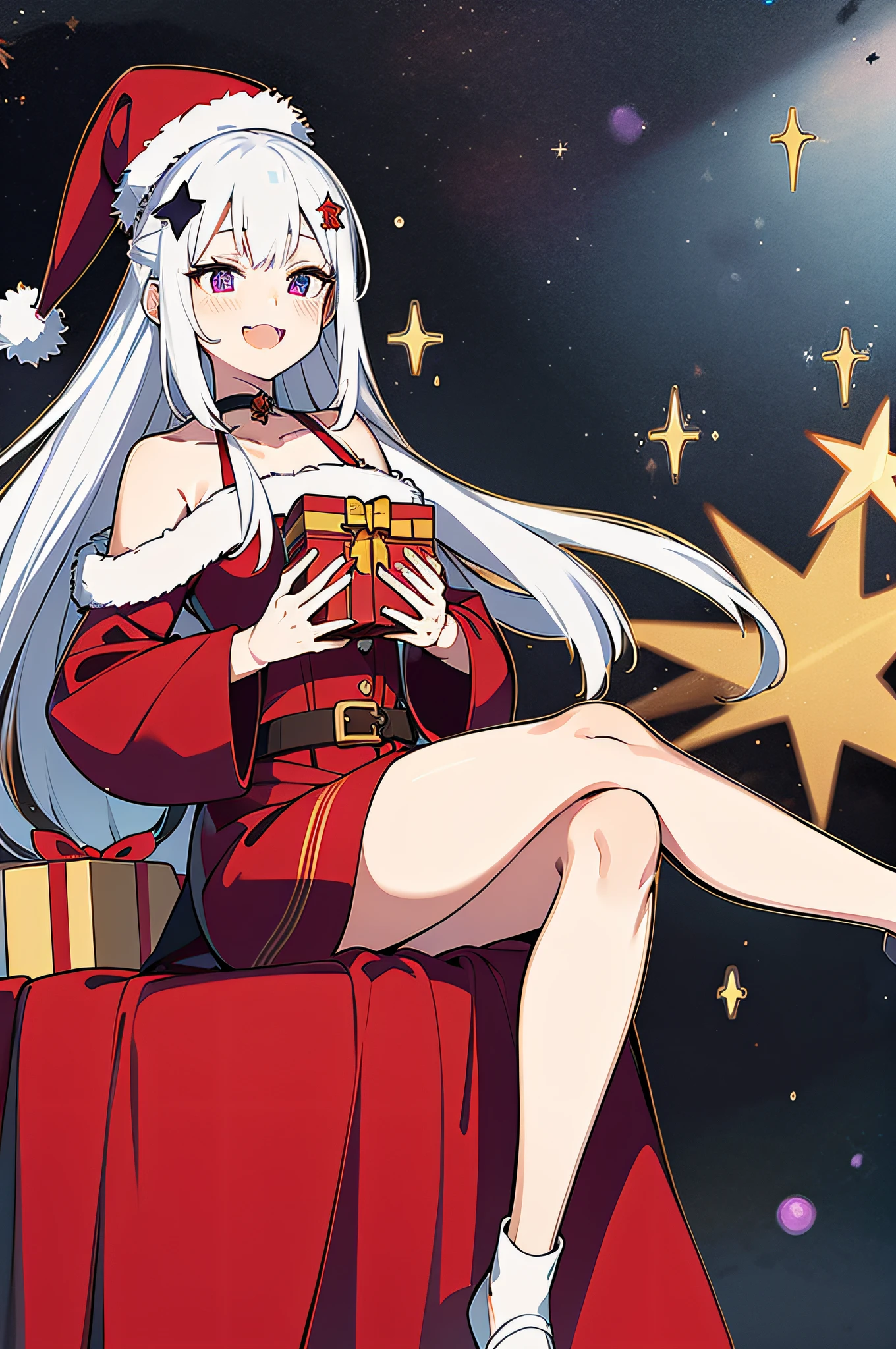 Under the dark starry sky，Maiden sitting on the roof，She has pure white hair，dual horsetail，Purple eye，Wearing cute red Christmas hats and star hairpins，Holding a Christmas gift box，Smug，Smile，Open mouth，Show cute fangs