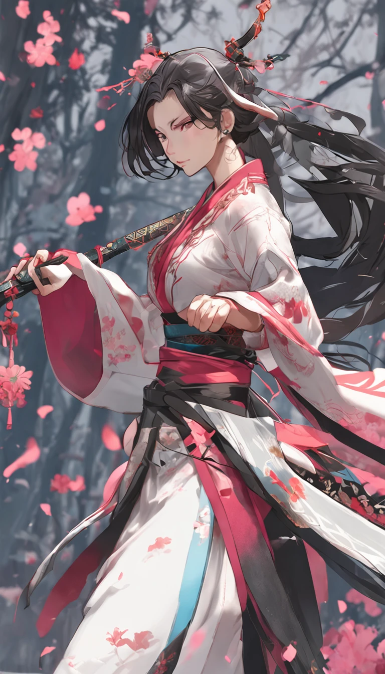 Danfeng Wu，bushido，The upper part of the body，Black Coil Hair，Simple hairpin，Cold eyes，solo person，orthofacial，frontage，Peach blossom background，Saturated colors，hyper realstic，8K High Resolution，Holding a longsword，Absolutely beautiful，Highlight，Colorful - Rainbow 5