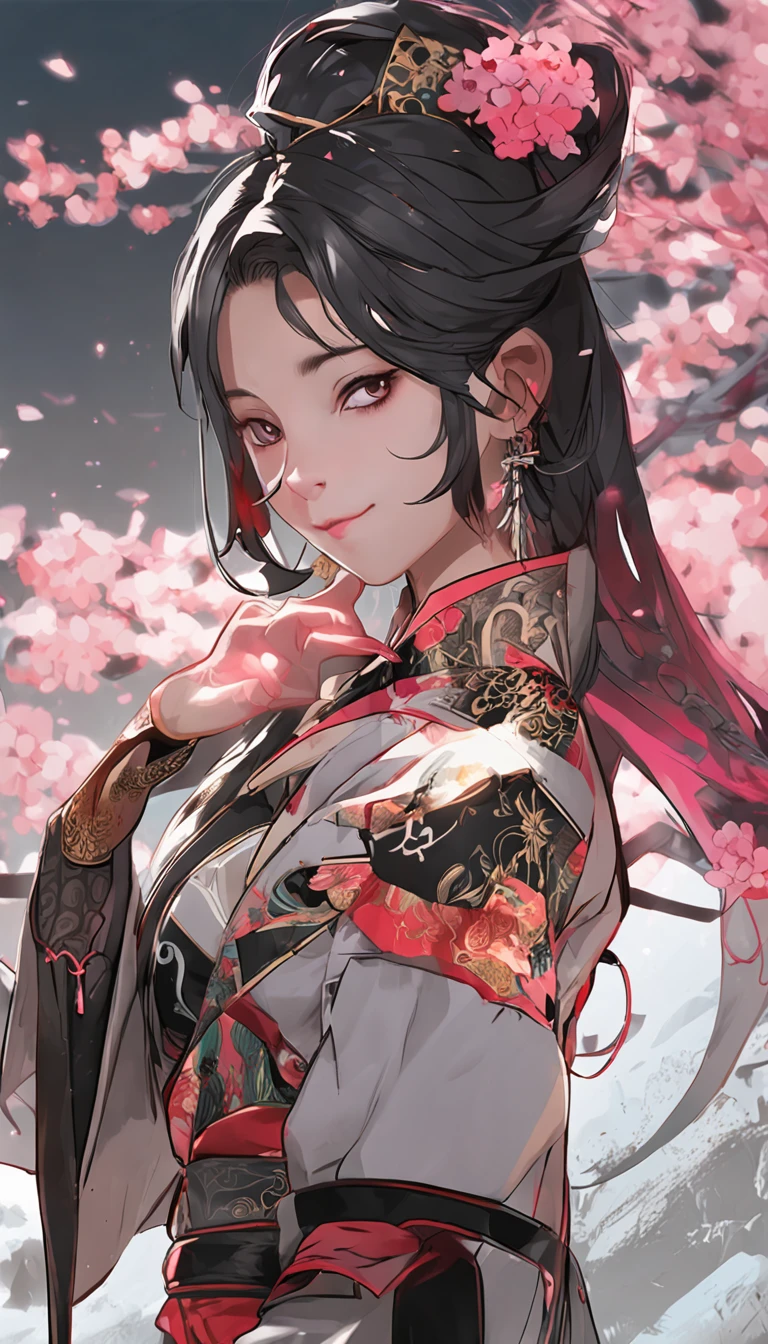 Danfeng Wu,bushido,The upper part of the body,Black Coil Hair,Simple hairpin,Cold eyes,solo person,orthofacial,frontage,Peach blossom background,Saturated colors,hyper realstic,8K High Resolution,Holding a longsword,Absolutely beautiful,Highlight,Colorful - Rainbow 5