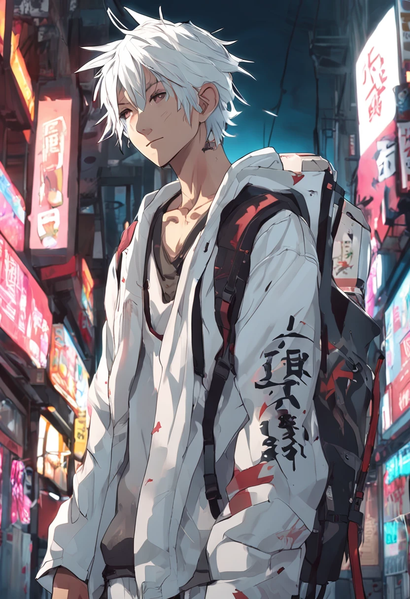 Japanese anime youth with white hair, VR glasses, a giant sword on his back, a white hoodie, white shorts, no beard tattoos, no items in his hands