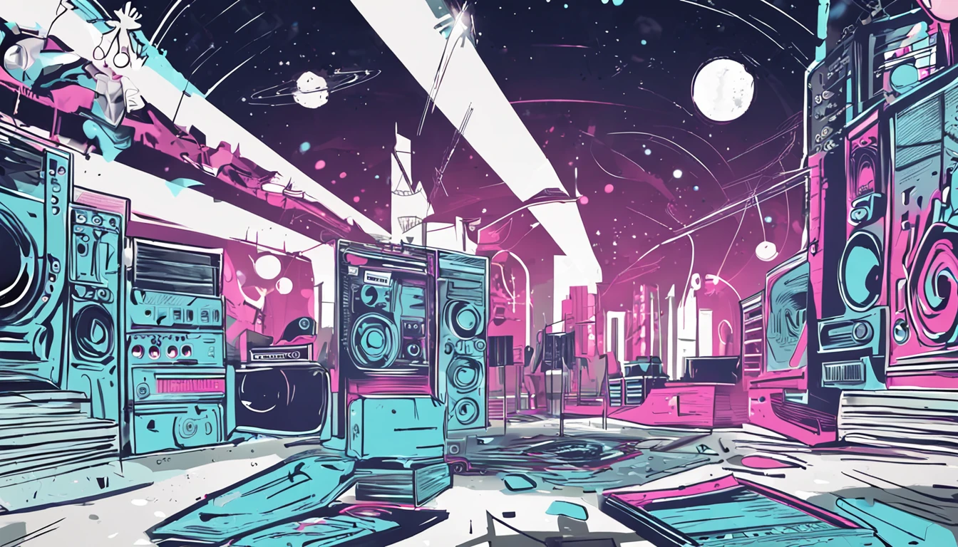 Design a background for a concert,It comes in blue and white,The base color is white,The font uses blue,Elements include the starry sky,cyber punk style,A large blank space is left in the center of the image,Simple illustration