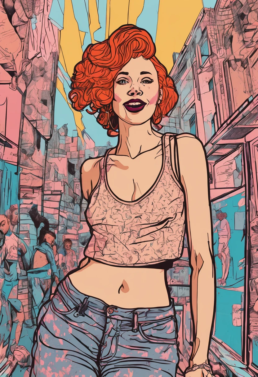 wideshot low angle natural lighting full body (over the shoulder) (life model pose) (hope gangloff style) a seductive   beautiful woman (burlesque 0.8) (jodie marie asmr 1:1) (sleeveless tshirt and panties) (small breasts) (open mouth, glossy lips) with pink orange hair, inconspicuous freckles, brown eyes glistening, round face and a extremely agonisingly painful yawning (incredible joyous smiling), around which there is a upbeat aura, ornate pastel blue yellow flowing 1960s geometric background with stars and sparkles