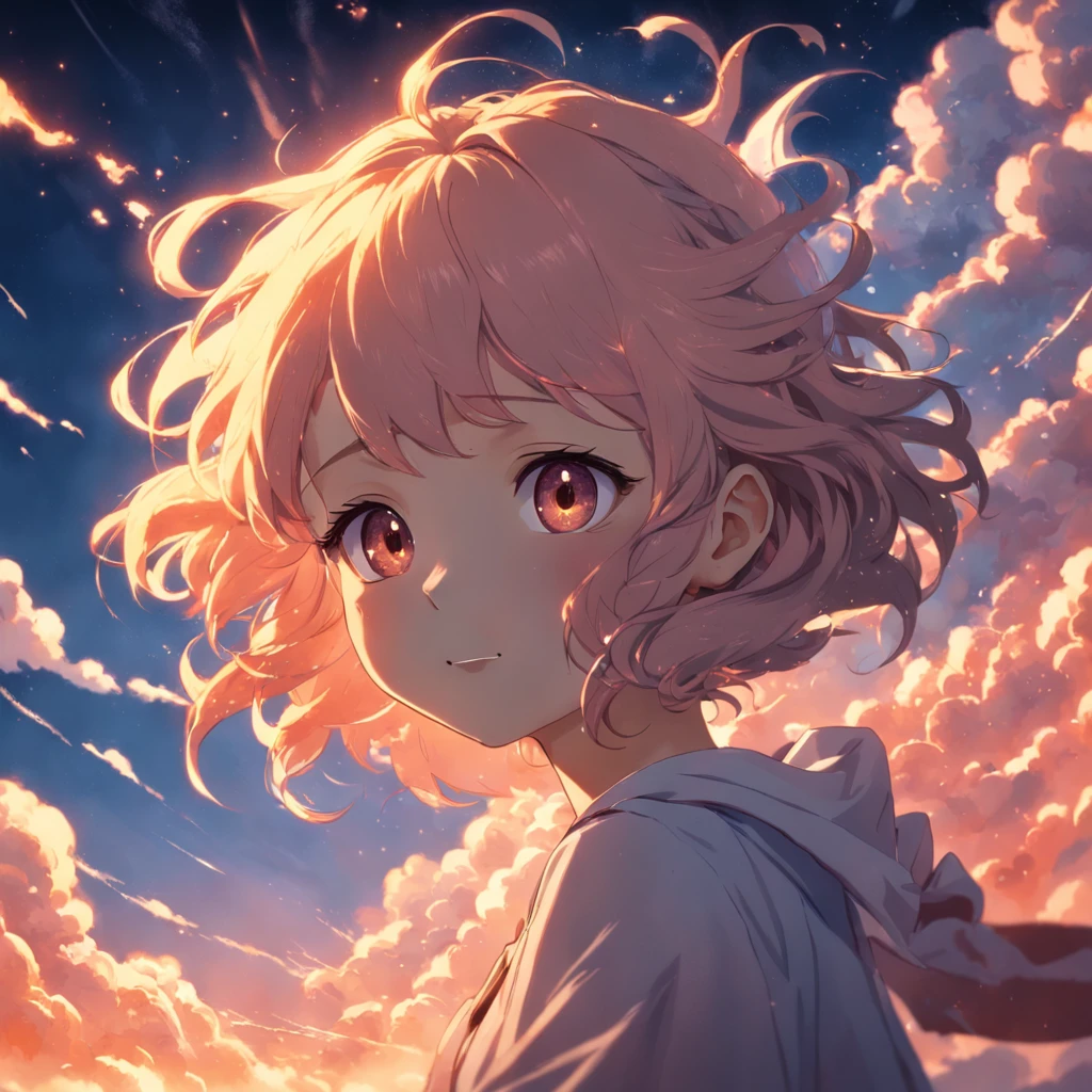 masterpiece, best quality, movie still, 1girl, cloud girl, floating in the sky, close-up, bright, happy, warm soft lighting, sunset, (sparks:0.7)