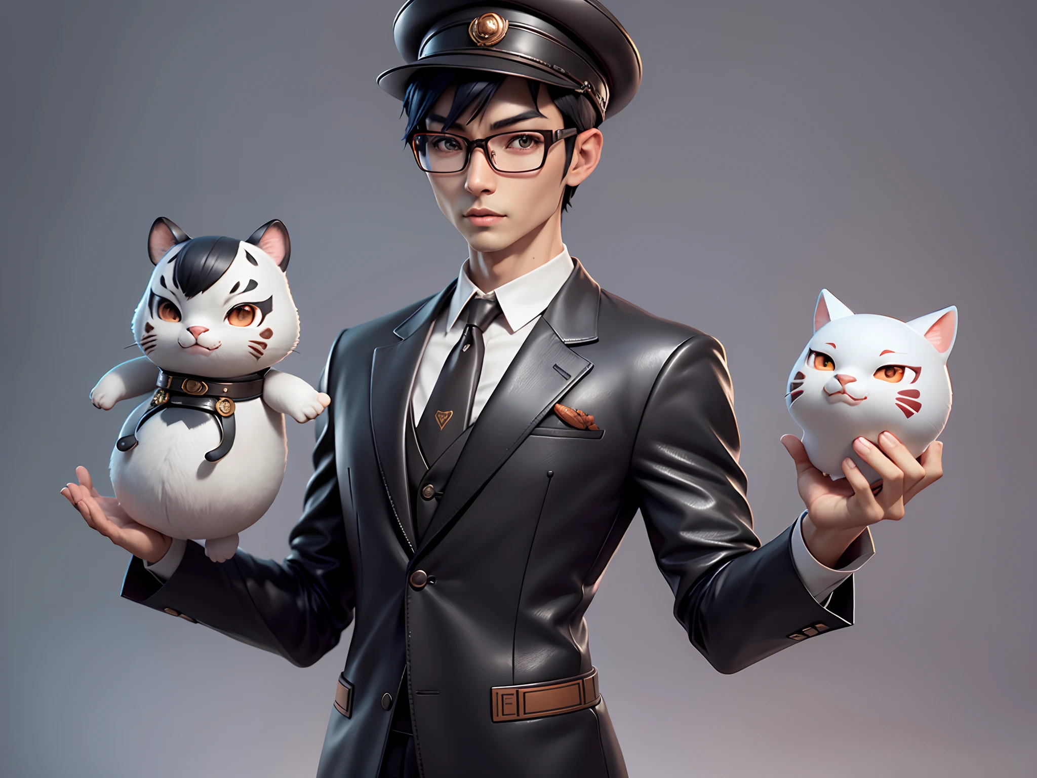Young man with oriental face in leather hat, tiger, oriental face in formal suit, short black hair, silver glasses, digital painting, 3D character design by Mark Clairedon and Pixar and Hayao Miyazaki and Akira Toriyama, the illustration is a high-definition illustration in 4K resolution with very detailed facial features and cartoon-style visuals.