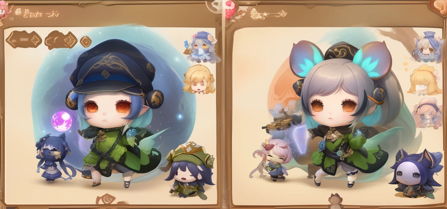 two cards with different characters on them, one of them is a girl, lalafell, maple story gun girl, cute cyber gods, maplestory mouse, maplestory, character art of maple story, liana wrap two fantasy creatures, style of maple story, aion, lunar themed attire, nixeu and sakimichan, olchas logan cure liang xing