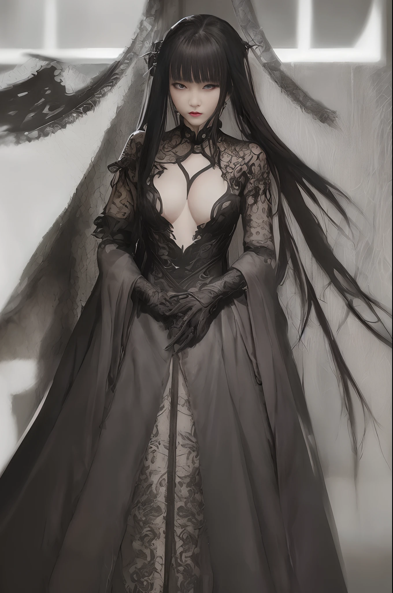 a close up of a woman in a black dress standing near a window, wearing modern gothic clothes, fantasy style clothing, trending at cgstation, with acient chinese clothes, full body xianxia, sensual gloomy style, fantasy outfit, dressed with long fluent clothes, sakimichan, trending on cgstation, wearing japanese techwear, sha xi