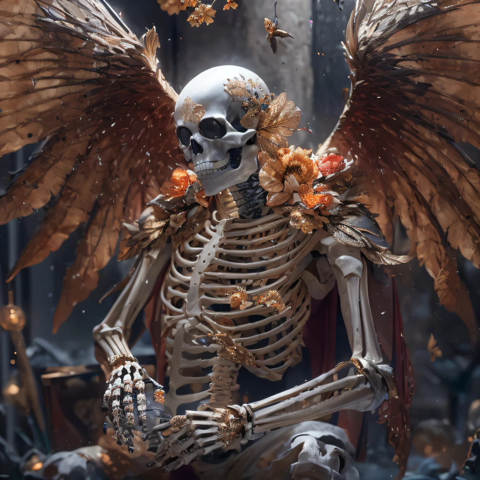 Starman，Transparent wings，downpours，Wear thick gold-framed reflective sunglasses，32K（tmasterpiece，k hd，hyper HD，32K）Bright orange burgundy double ponytail，The Silver Skull Jewelry District in the backstreets，Indigo Skull Belly Pocket King ，Skeleton protector （The skeleton is realistic：1.4），Skull pattern robe，Silver skull flower ornaments，Petals flutter，Colored ball head，Hold your head high，Be proud，The nostrils look at people， A high resolution， the detail， RAW photogr， Sharp Re， Nikon D850 Film Stock Photo by Jefferies Lee 4 Kodak Portra 400 Camera F1.6 shots, Rich colors, ultra-realistic vivid textures, Dramatic lighting, Unreal Engine Art Station Trend, cinestir 800，Hold your head high，Be proud，The nostrils look at people，Tsundere，Petals flutter，Petals flutter，Sprinkle with gold dust，Fluttering，Impeccable，( reasonable design, Clear lines, High sharpness,Best quality, Very detailed skeleton, The skeleton of a masterpiece, offcial art, movie light effect, 4K skeleton（（（Wear thick gold-framed reflective sunglasses）））Transparent wings，（Big bone rod）（Holding a large bone rod in his hand）（Leg bone weapons）Big bone rod，