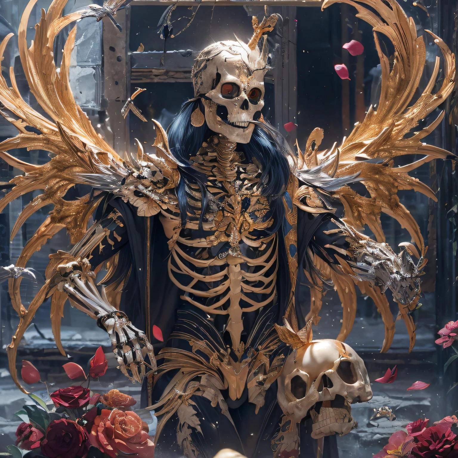 Cats，Transparent wings，downpours，Wear thick gold-framed reflective sunglasses，32K（tmasterpiece，k hd，hyper HD，32K）Bright orange burgundy double ponytail，The Silver Skull Jewelry District in the backstreets，Indigo Skull Belly Pocket King ，Bully dog gold wire chain（The skeleton is realistic：1.4），Skull pattern robe，Silver skull flower ornaments，Petals flutter，Colorful feathers，Hold your head high，Be proud，The nostrils look at people， A high resolution， the detail， RAW photogr， Sharp Re， Nikon D850 Film Stock Photo by Jefferies Lee 4 Kodak Portra 400 Camera F1.6 shots, Rich colors, ultra-realistic vivid textures, Dramatic lighting, Unreal Engine Art Station Trend, cinestir 800，Hold your head high，Be proud，The nostrils look at people，Tsundere，Petals flutter，Petals flutter，Sprinkle with gold dust，Fluttering，Impeccable，( reasonable design, Clear lines, High sharpness,Best quality, Very detailed skeleton, The skeleton of a masterpiece, offcial art, movie light effect, 4K skeleton（（（Wear thick gold-framed reflective sunglasses）））Transparent rusty wings，（Big bone rod）（Holding a large bone rod in his hand）（Leg bone weapons）Big bone rod，