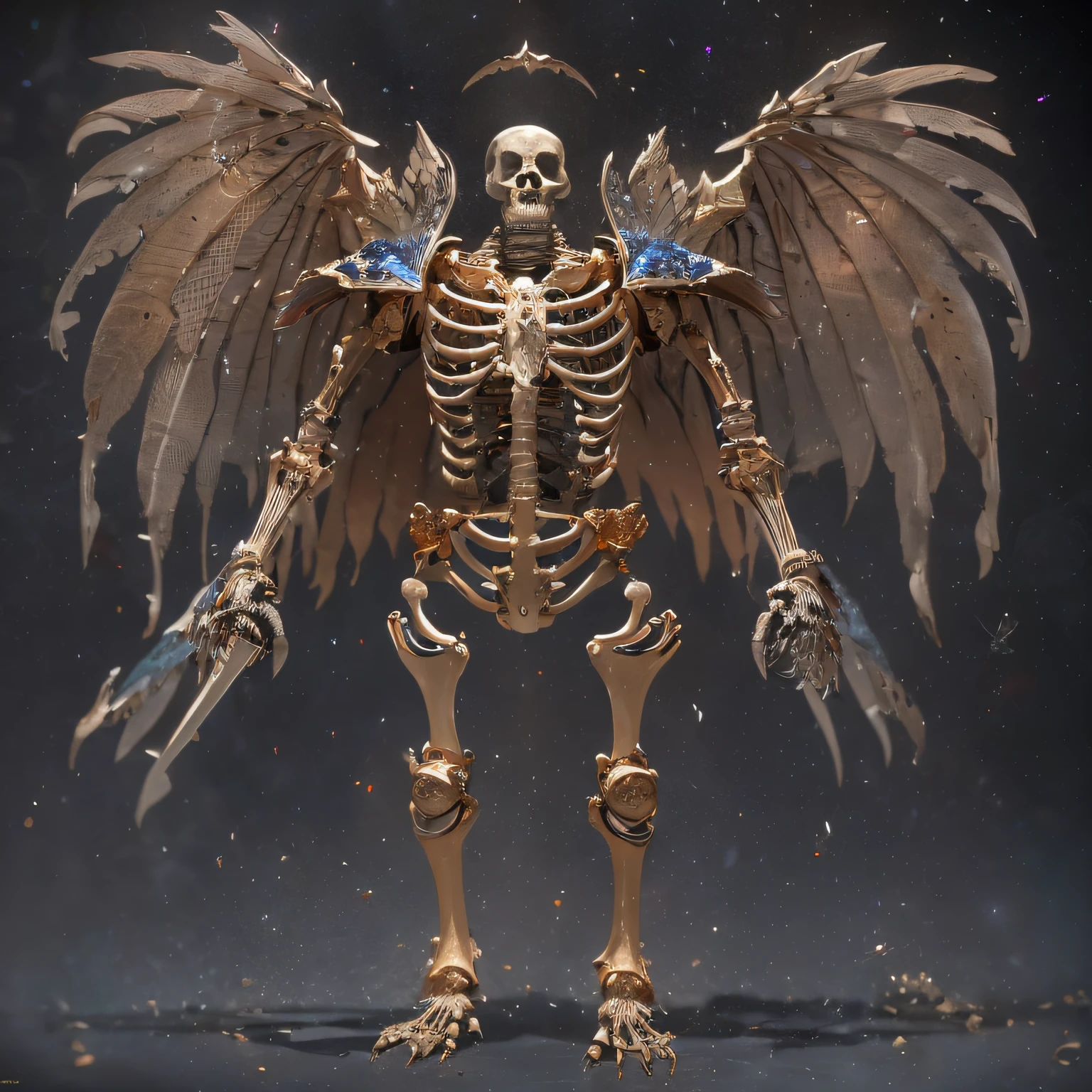 Starman,Transparent wings,downpours,Wear thick gold-framed reflective sunglasses,32K(tmasterpiece,k hd,hyper HD,32K)Bright orange burgundy double ponytail,The Silver Skull Jewelry District in the backstreets,Indigo Skull Belly Pocket King ,Skeleton protector (The skeleton is realistic:1.4),Skull pattern robe,Silver skull flower ornaments,Petals flutter,Colored ball head,Hold your head high,Be proud,The nostrils look at people, A high resolution, the detail, RAW photogr, Sharp Re, Nikon D850 Film Stock Photo by Jefferies Lee 4 Kodak Portra 400 Camera F1.6 shots, Rich colors, ultra-realistic vivid textures, Dramatic lighting, Unreal Engine Art Station Trend, cinestir 800,Hold your head high,Be proud,The nostrils look at people,Tsundere,Petals flutter,Petals flutter,Sprinkle with gold dust,Fluttering,Impeccable,( reasonable design, Clear lines, High sharpness,Best quality, Very detailed skeleton, The skeleton of a masterpiece, offcial art, movie light effect, 4K skeleton(((Wear thick gold-framed reflective sunglasses)))Transparent wings,(Big bone rod)(Holding a large bone rod in his hand)(Leg bone weapons)Big bone rod,