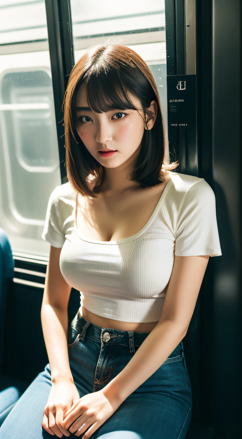 sit in the train、look from above、Show the armpits、Raise your arms、opened legs、One lady、Sexy outfits、(masterpiece、top-quality)、crisp image、kawaii、a picture、full bodyesbian、Young adorable Japan face、dewy skin、8K