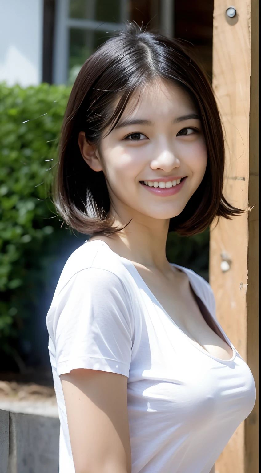 (Very loose low cut T-shirt:1.2)、(Very loose chest:1.2)、(leaning-forward)、(top-quality、8K、32K)、japanes、18year old、Very pretty girl、large full breasts、a smile、outside of house、Windy、shinny skin、blurry backround、short-cut、Shot from above、Shot from the front、Chest close-up