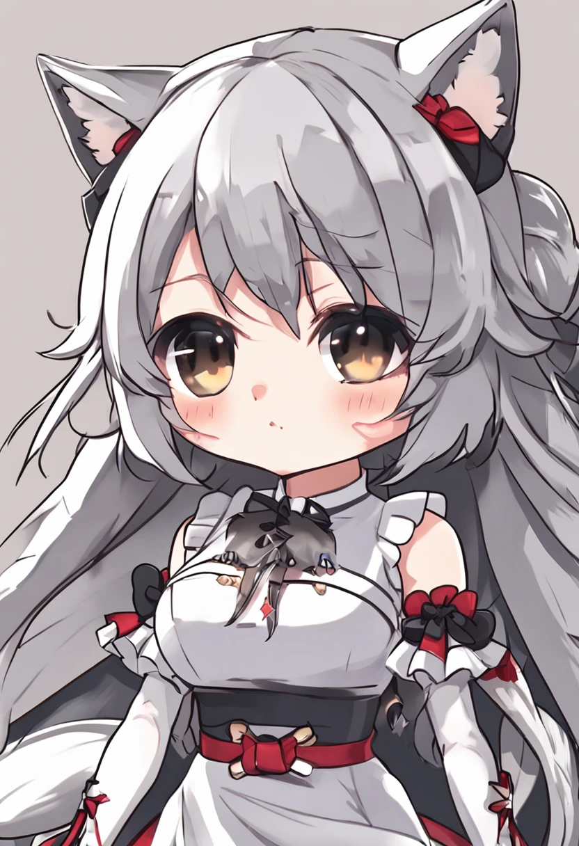 A cartoon cat girl with bow and dress, Cute!! tchibi!!! cat woman, cute anime catgirl, anime catgirl, anime chibi, Chibi anime girl, anime moe art style, small curvaceous loli, nyaruko-san, fat chibi grey cat, Chibi Art, chibi anime, Holo is a wolf girl, chibi girl, Kantai collection style black clothes silver white hair cute small wings headdress clear facial features clear fingers dream background