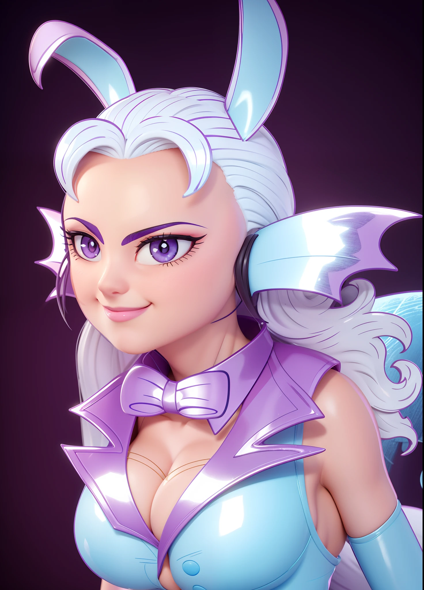 8K, high definition, animated, married woman, beautiful, small face, beautiful, bright, hair white, eye highlights, sexy, erotic, beautiful line drawing. Big tits, purple eyes,
light blue skin, blue skin, orange ears, fins, bunny girl, black bunny suit, nipples standing out from costume, shiny costume, smiling, smiling, eyebrows raised, pink lipstick, well drawn,
