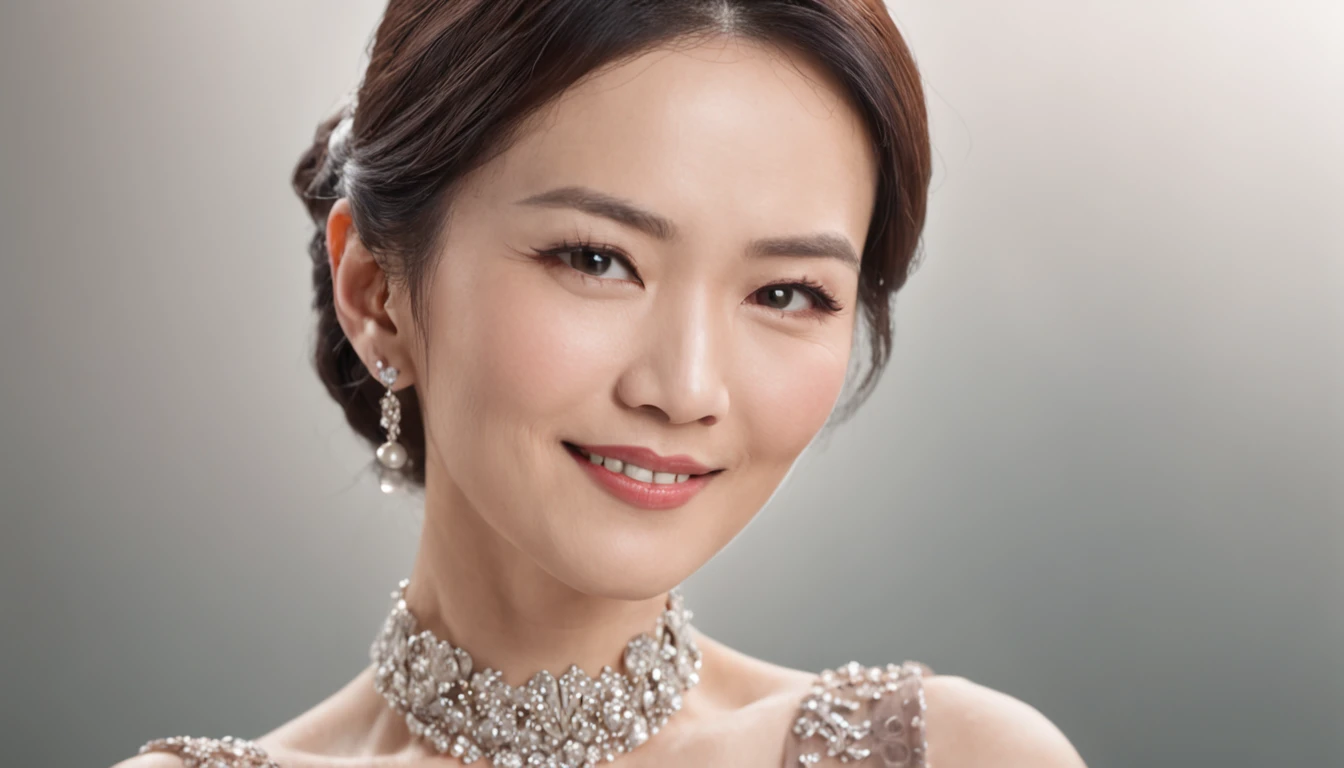 Asian middle-aged beauty wearing elegant dress，Wearing delicate jewelry，Show temperament and confidence with a smile。