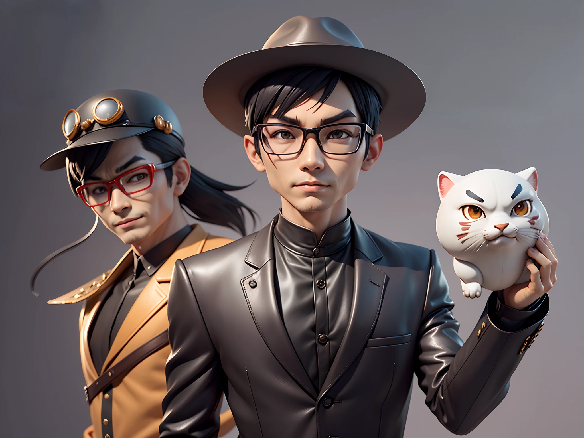 Young man with oriental face in leather hat, tiger, oriental face in formal suit, short black hair, silver glasses, digital painting, 3D character design by Mark Clairedon and Pixar and Hayao Miyazaki and Akira Toriyama, the illustration is a high-definition illustration in 4K resolution with very detailed facial features and cartoon-style visuals.
