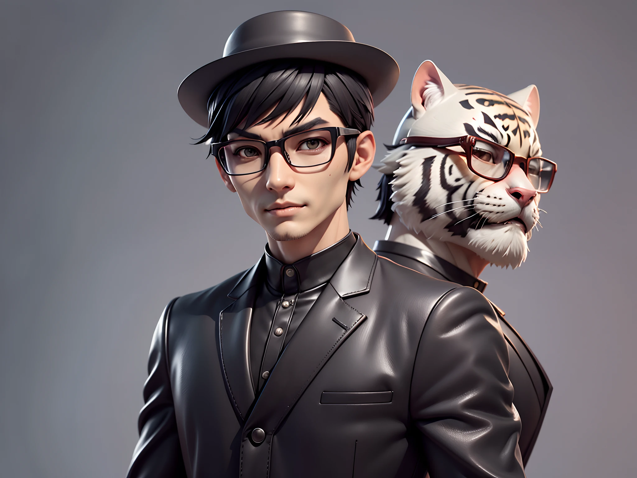 Young man with oriental face in leather hat, tiger, oriental face in formal suit, short black hair, silver glasses, digital painting, 3D character design by Mark Clairedon and Pixar and Hayao Miyazaki and Akira Toriyama, the illustration is a high-definition illustration in 4K resolution with very detailed facial features and cartoon-style visuals.