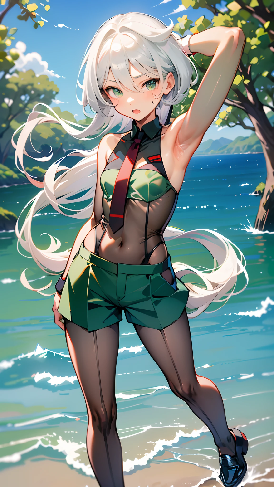 miorine, shorts, white hair, short necktie, green shorts, loafers, , blurry background, open mouth, flat chest, small breasts short height, little girl, boobs, ((bare shoulder)), ((presenting armpit)), (see-through), cleavage, naughty face, ((bikini tanlines)), arm up, loli, bodysuit, twin tail, beach, (crotch tattoos), ((potrait)), ((tanned))