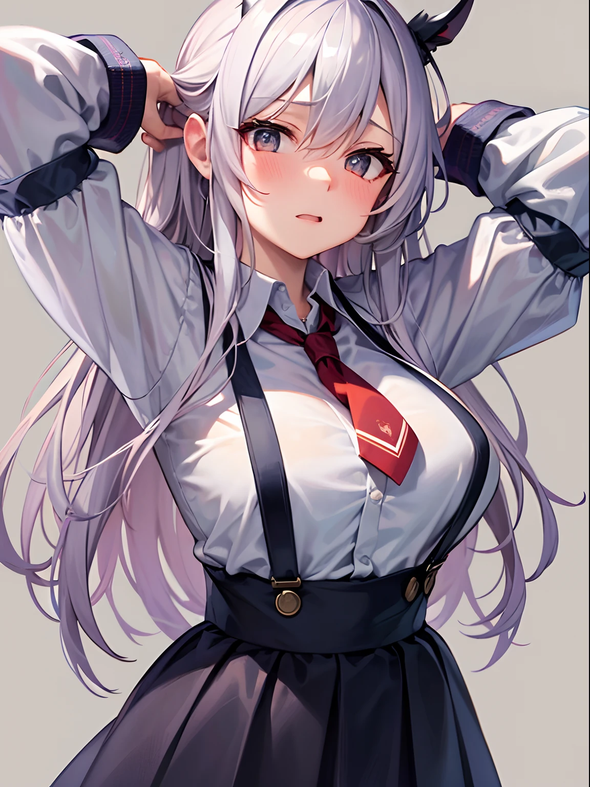 ,grey hair, long hair, twintails, bangs, hair between eyes, animal ears, fox ears, animal ear fluff, red eyes, tail, fox tail, virtual youtuber,grey hair, long hair, twintails, bangs, hair between eyes, animal ears, fox ears, animal ear fluff, red eyes, tail, fox tail, virtual youtuber, shirt, white shirt, long sleeves, sleeves past wrists, bow, hair bow, red bow, ribbon, skirt, pleated skirt, black skirt,milfication, mature female, gigantic breasts