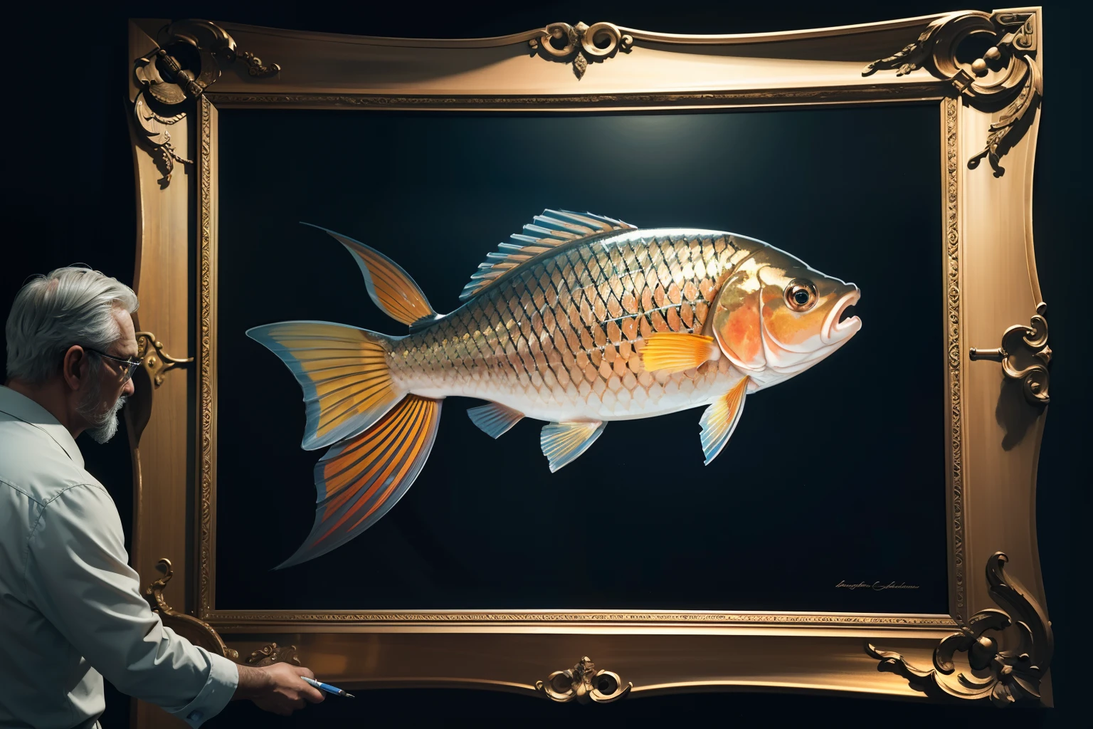 photorealistic, digital concept art, spot lighting china art of a varicolored carp with in the picture detail frame, suit_middle_aged_man, both hands and half arms behind looking at a painting, middle range, from behind, painting exhibition background, spot light, full color, color pencil and oil paint and airbrush digital coloring, cinematic still, radiosity, multilayered, extremely detailed texture, extremely detailed detail, extremely detailed, insanely detailed, intricately detailed skin, intricately detailed, (low key lighting:0.8), high resolution, 16k, intricate surface detail, smooth and flawless and soft skin, perfection, ultra quality, best quality, highest quality,