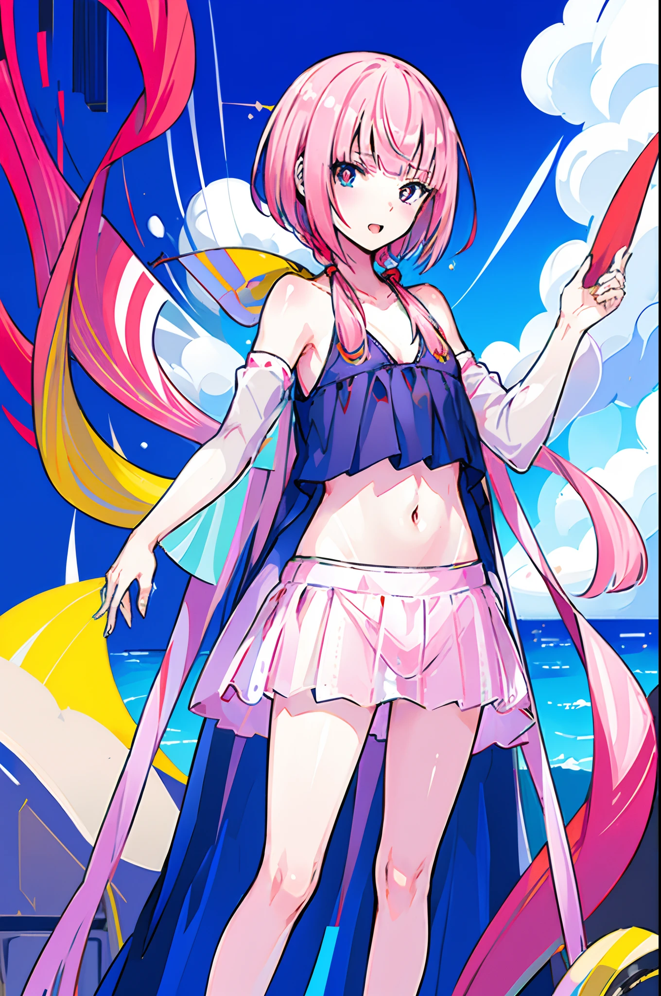 kafcevioailora, virtual youtuber, pink hair, slim bangs, (yellow pupils,red eyes, blue eyes), 10 years old, blurry background, open mouth, flat chest, small breasts short height, little girl, small boobs, ((bare shoulder)), ((presenting armpit)), (see-through), cleavage, naughty face, ((bikini tanlines)), arm up, loli, detached sleeves, pig tail, beach, (crotch tattoos), ((potrait)), ((tanned))