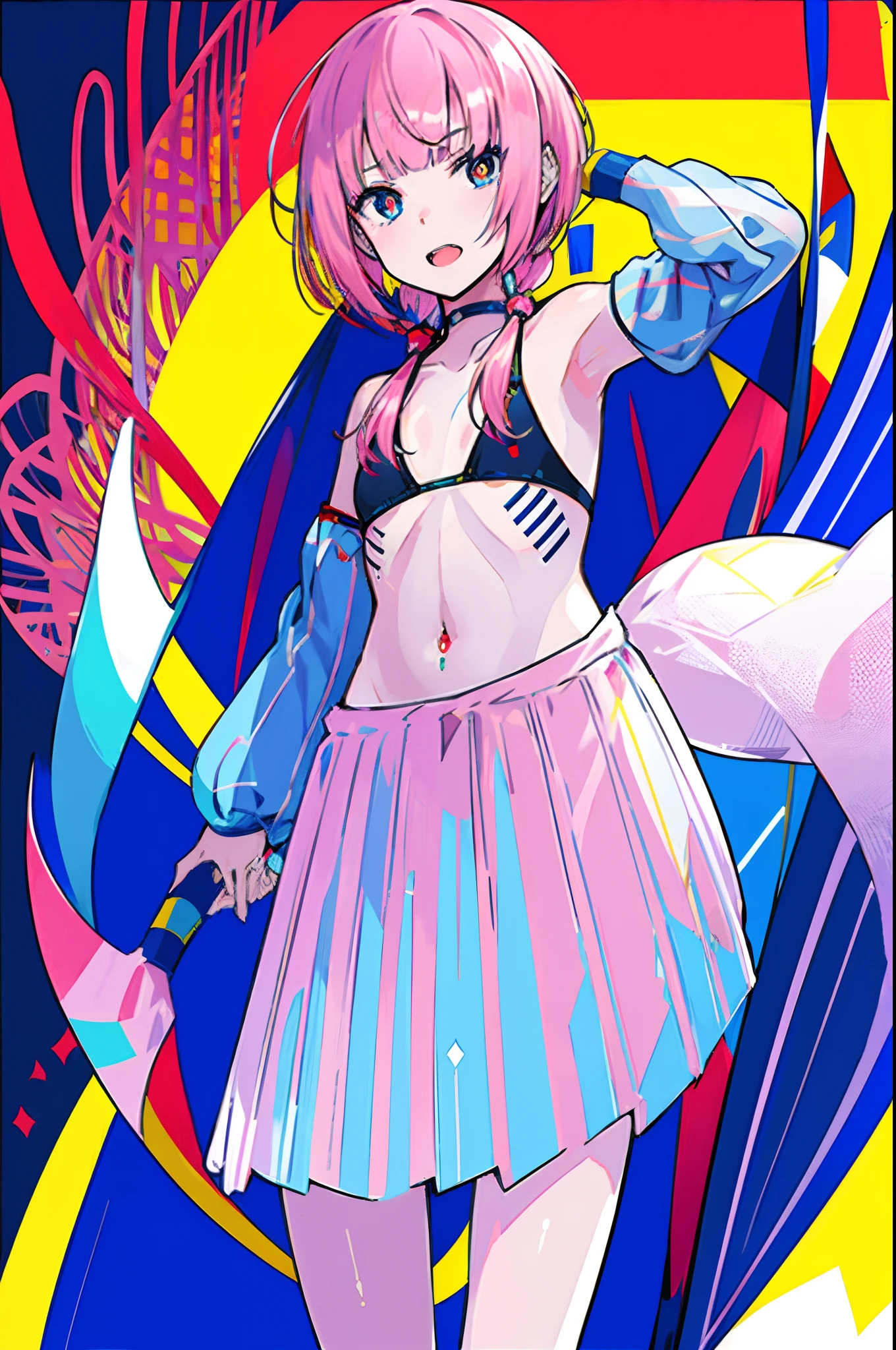 kafcevioailora, virtual youtuber, pink hair, slim bangs, (yellow pupils,red eyes, blue eyes), , blurry background, open mouth, flat chest, small breasts short height, little girl, boobs, ((bare shoulder)), ((presenting armpit)), (see-through), cleavage, naughty face, ((bikini tanlines)), arm up, loli, detached sleeves, pig tail, beach, (crotch tattoos), ((potrait)), ((tanned))