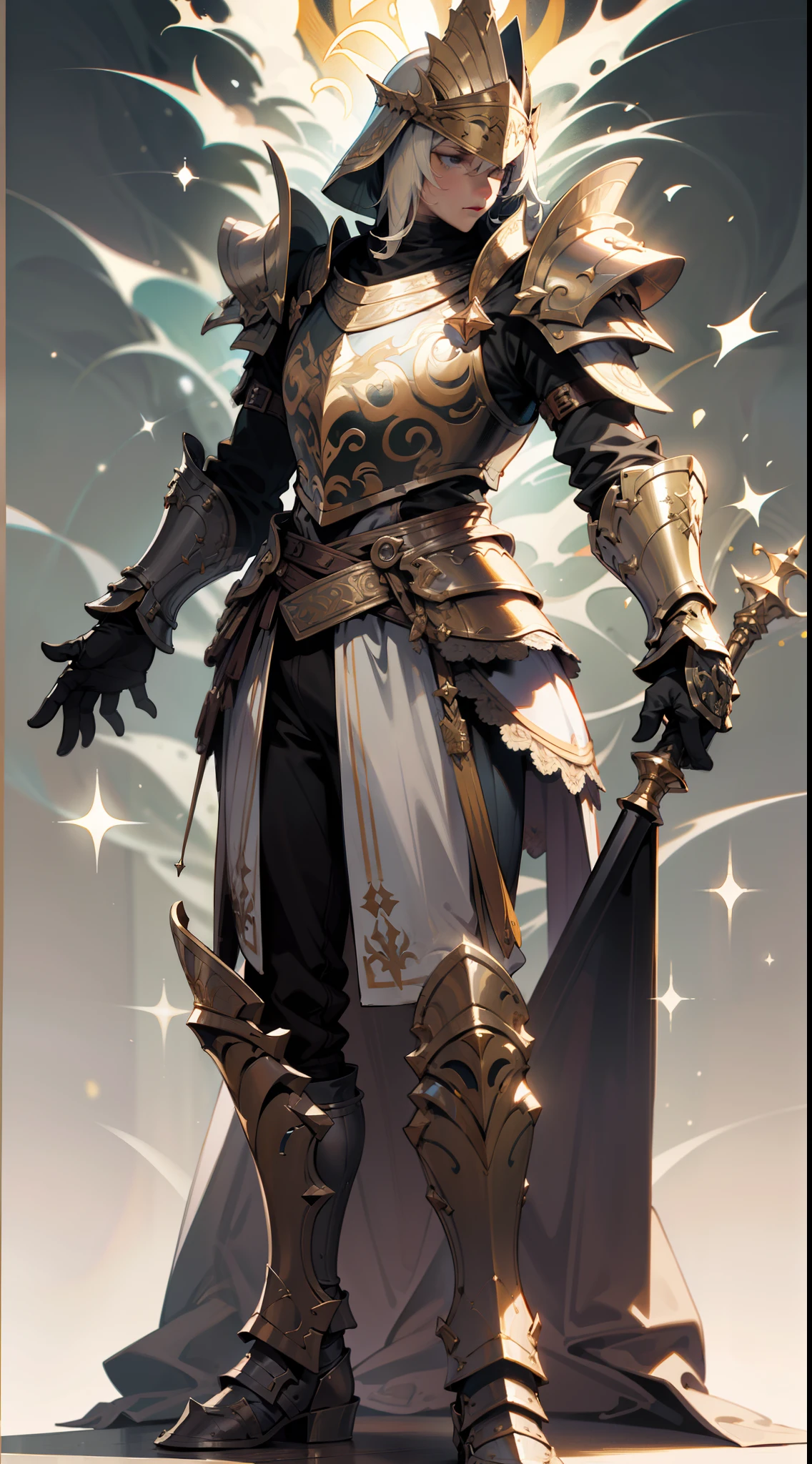 Game character design，holy paladin，Quaint and heavy armor wraps the entire body，shelmet，Holding a stout and ornate scepter，heavy boots，（full bodyesbian：1.4），solid color backdrop，clean backdrop，depth of fields，high light，Real light，Ray traching，oc rendered，Hyper-realistic，best qualtiy，8K，Works of masters，super-fine，Detailed pubic hair，Correct anatomy，Bokeh，Facial features are carefully depicted