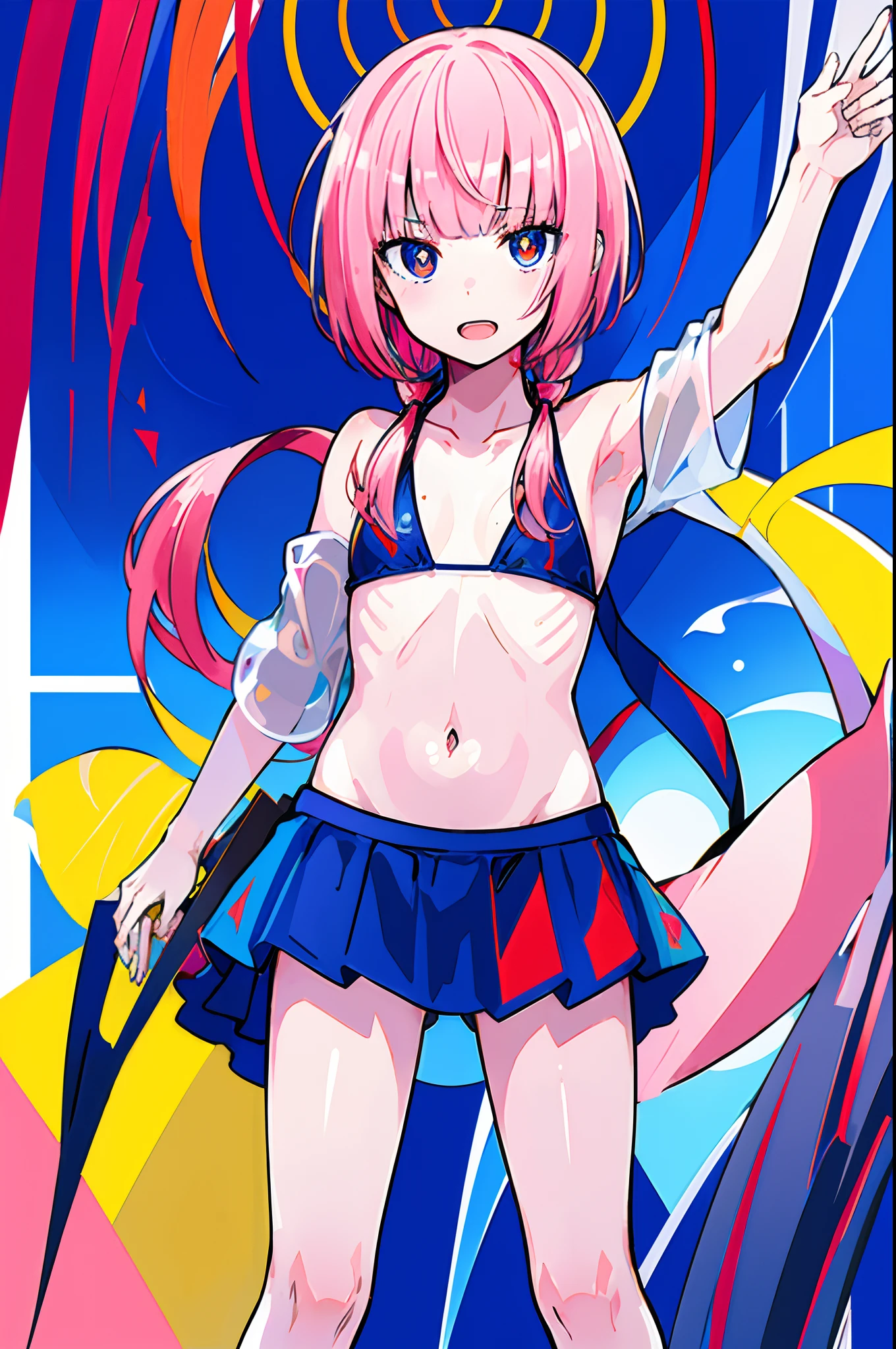 kafcevioailora, virtual youtuber, pink hair, slim bangs, (yellow pupils,red eyes, blue eyes), , blurry background, open mouth, flat chest, small breasts short height, little girl, boobs, ((bare shoulder)), ((presenting armpit)), (see-through), cleavage, naughty face, ((bikini tanlines)), arm up, loli, detached sleeves, pig tail, beach, (crotch tattoos), ((potrait)), ((tanned))