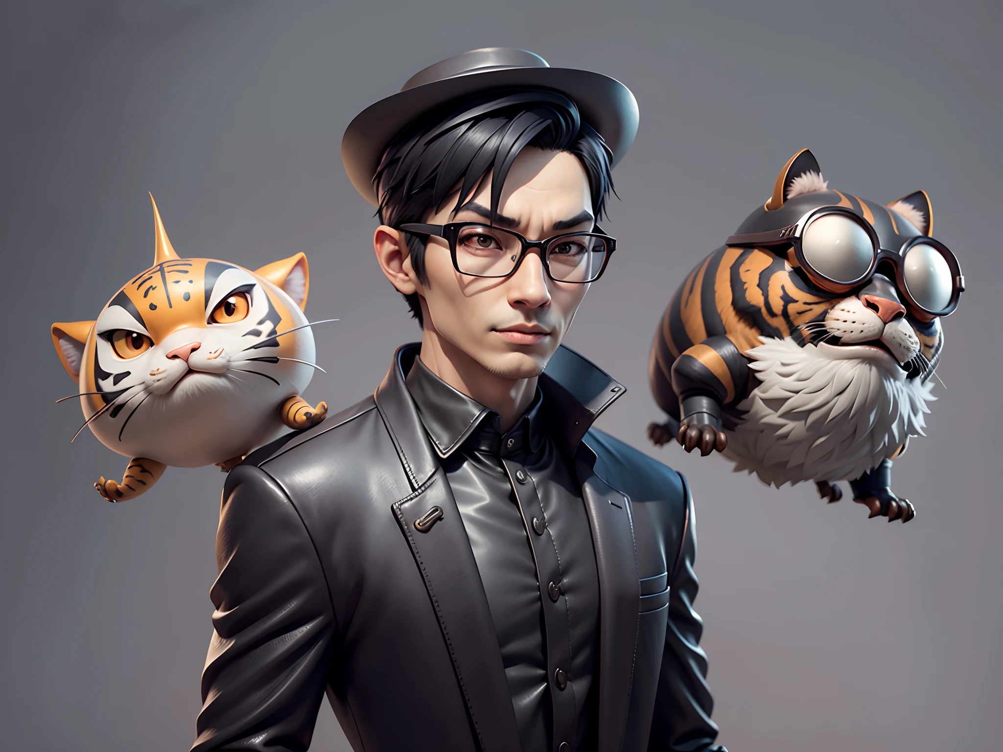 Young man with oriental face in leather hat, tiger, oriental face in formal suit, short black hair, silver glasses, digital painting, 3D character design by Mark Clairedon and Pixar and Hayao Miyazaki and Akira Toriyama, the illustration is a high-definition illustration in 4K resolution with very detailed facial features and cartoon-style visuals.