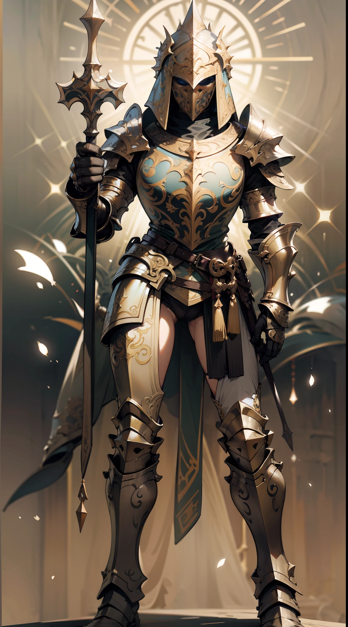Game character design，holy paladin，Quaint and heavy armor wraps the entire body，shelmet，Holding a stout and ornate scepter，heavy boots，（full bodyesbian：1.4），solid color backdrop，clean backdrop，depth of fields，high light，Real light，Ray traching，oc rendered，Hyper-realistic，best qualtiy，8K，Works of masters，super-fine，Detailed pubic hair，Correct anatomy，Bokeh，Facial features are carefully depicted