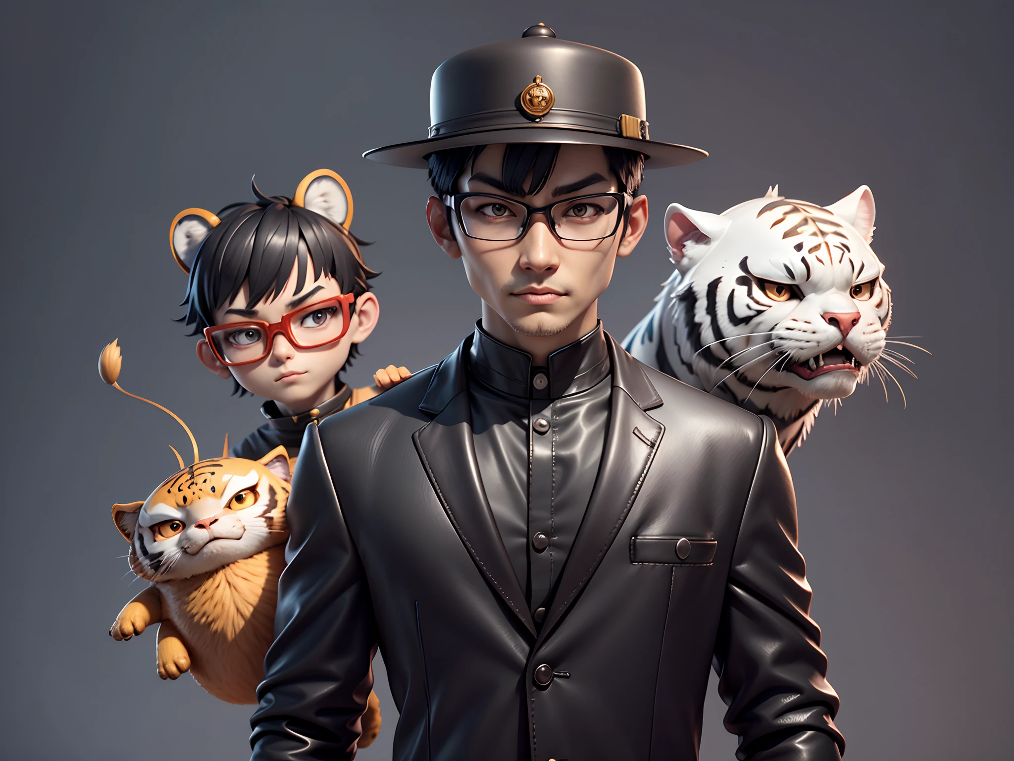 Young man with oriental face in leather hat, tiger, oriental face in formal suit, short black hair, silver glasses, digital painting, 3D character design by Mark Clairedon and Pixar and Hayao Miyazaki and Akira Toriyama, the illustration is a high-definition illustration in 4K resolution with very detailed facial features and cartoon-style visuals.