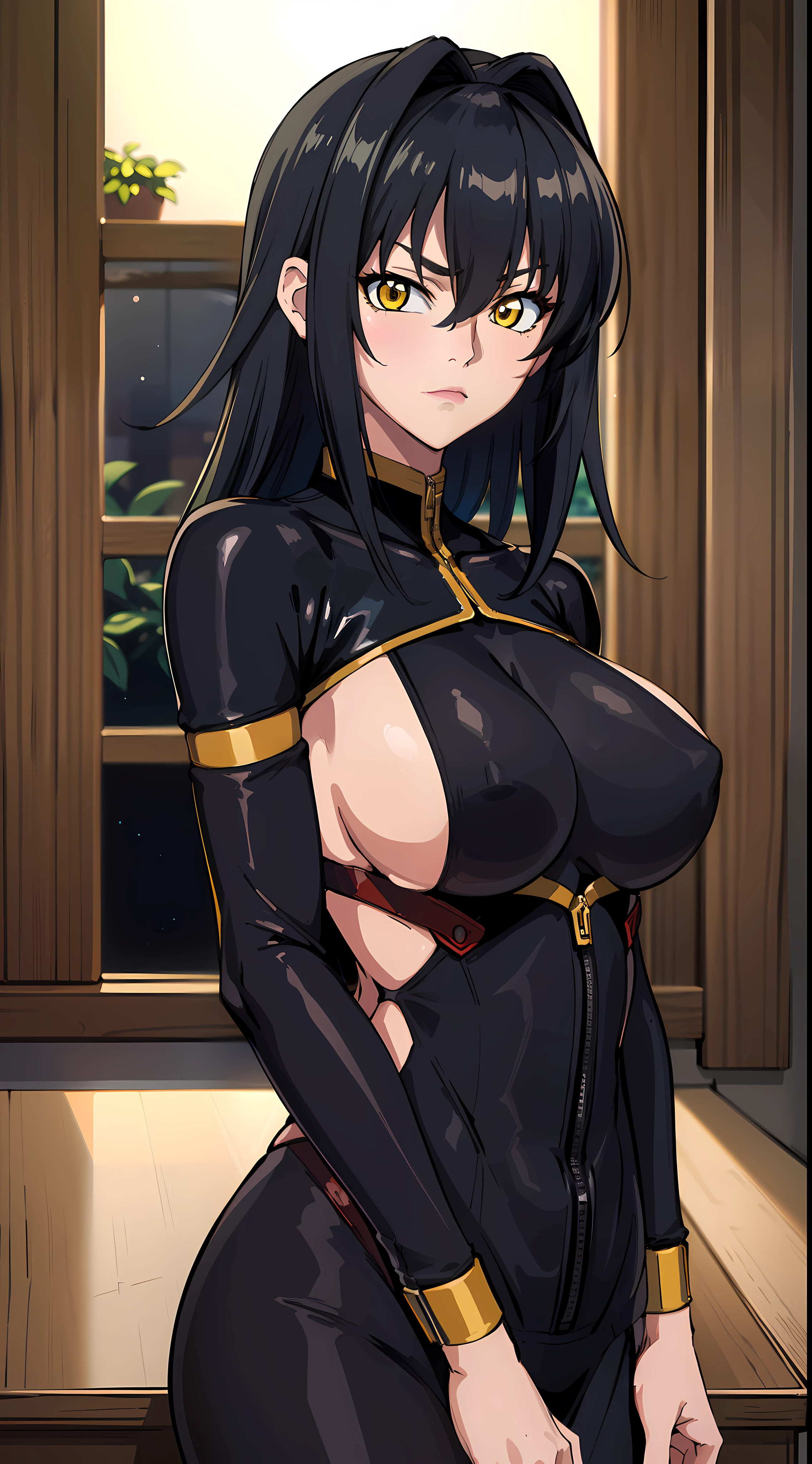 professional artwork, Intricate Details, field of view, sharp focus, detailed painting, photorealistic lighting, trending on pixiv,(masterpiece:1.0),(best_quality:1.0), ultra high res, ultra-detailed, photography, 8K, HDR, highres, absurdres:1.2, Kodak portra 400, film grain, sharp focus, bokeh:1.2, lens flare, (vibrant_color:1.2), (((indoors, dark night district))), Annerose, 1girl, female mature, black hair, long hair, (yellow eyes), large breasts, swimsuit, higheels, skin tight, hair intakes, (solo:1.4), (upper body, half body shot, covered breasts, side boobs), no expression