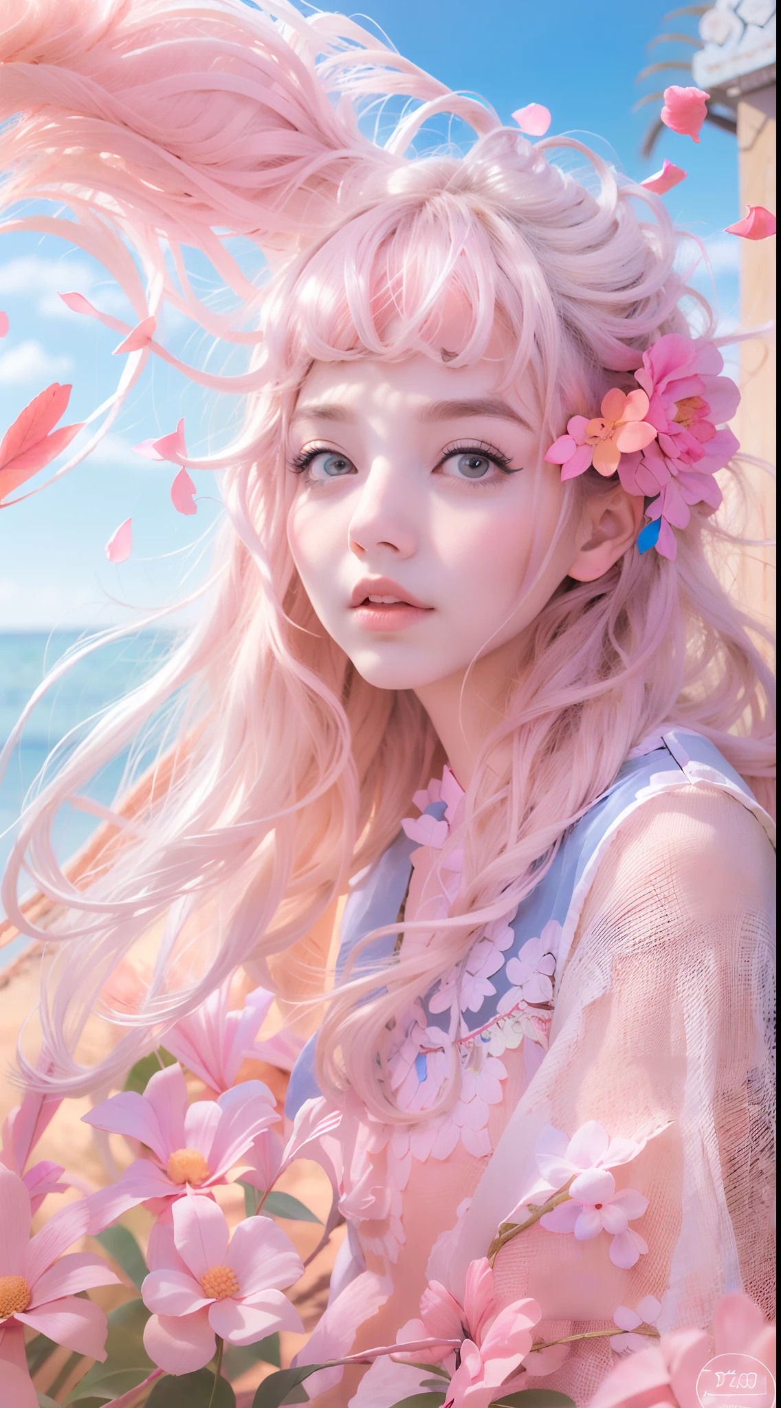 Long pink hair and double ponytail，The pupils of the eyes sparkle，Heterochromia，girl holding flowers，Petal texture depicted，sandbeach，Blue sky，baiyun，Light wind，jumpping，Carefully depicted multicolored feathers，ultra HD wallpaper，