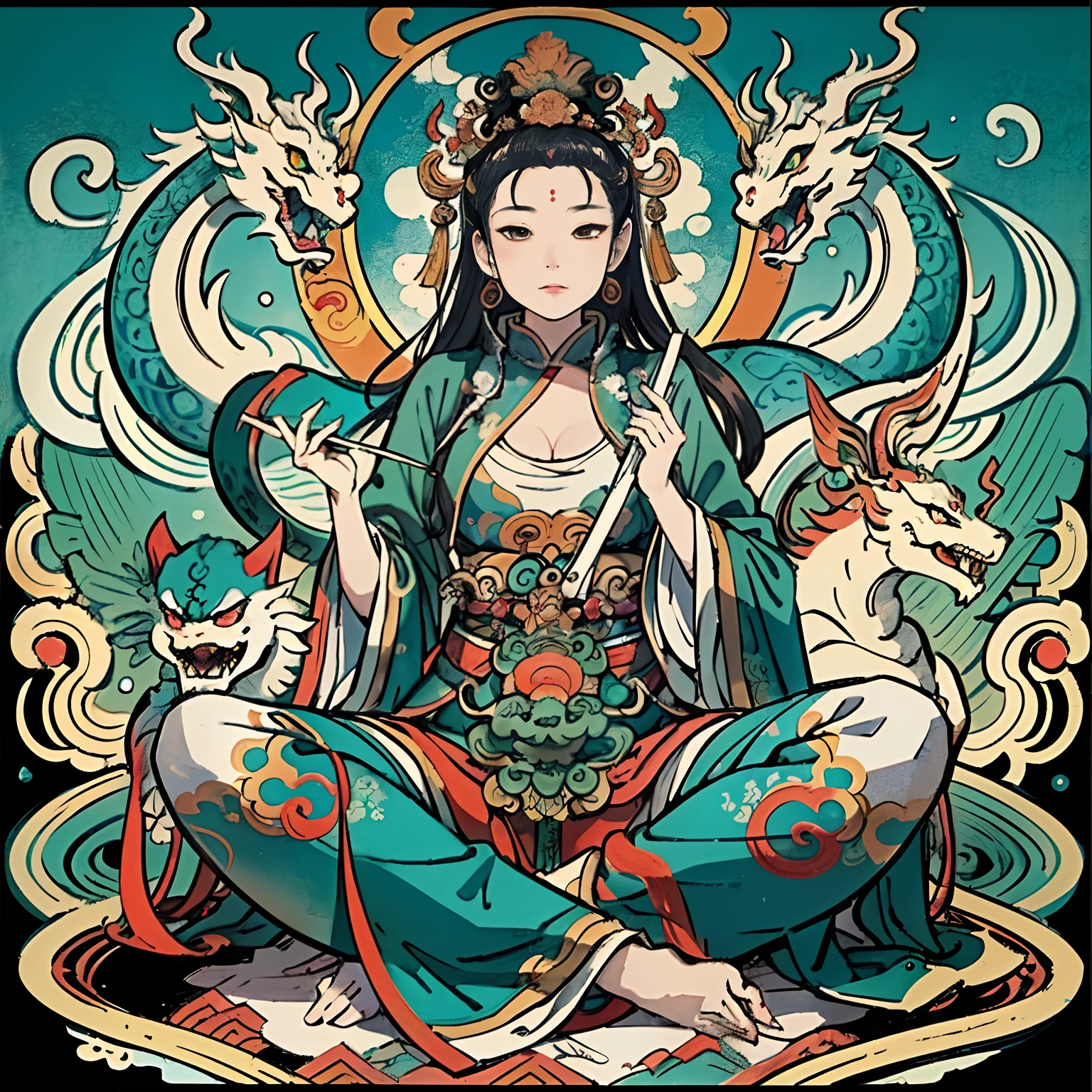 an ancient Chinese goddess, guanyin of the southern seas, Guanyin, Inspired by India, Avalokiteshvara rides a dragon,,Serene expression,shui mo hua,Buddha,Buddhist,Lotus,Chinese painting style,Thangka style