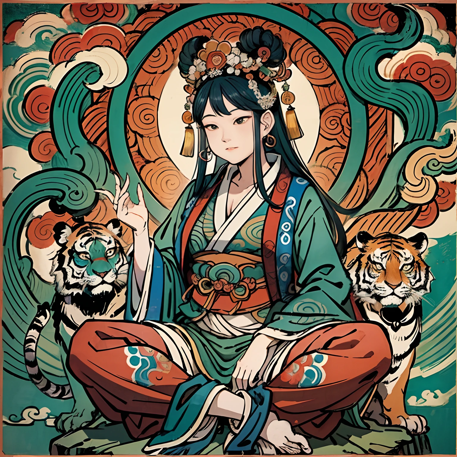 an ancient Chinese goddess, guanyin of the southern seas, Guanyin, Inspired by India, Avalokiteshvara rides a tiger,,Serene expression,shui mo hua,Buddha,Buddhist,Lotus,Chinese painting style,Thangka style