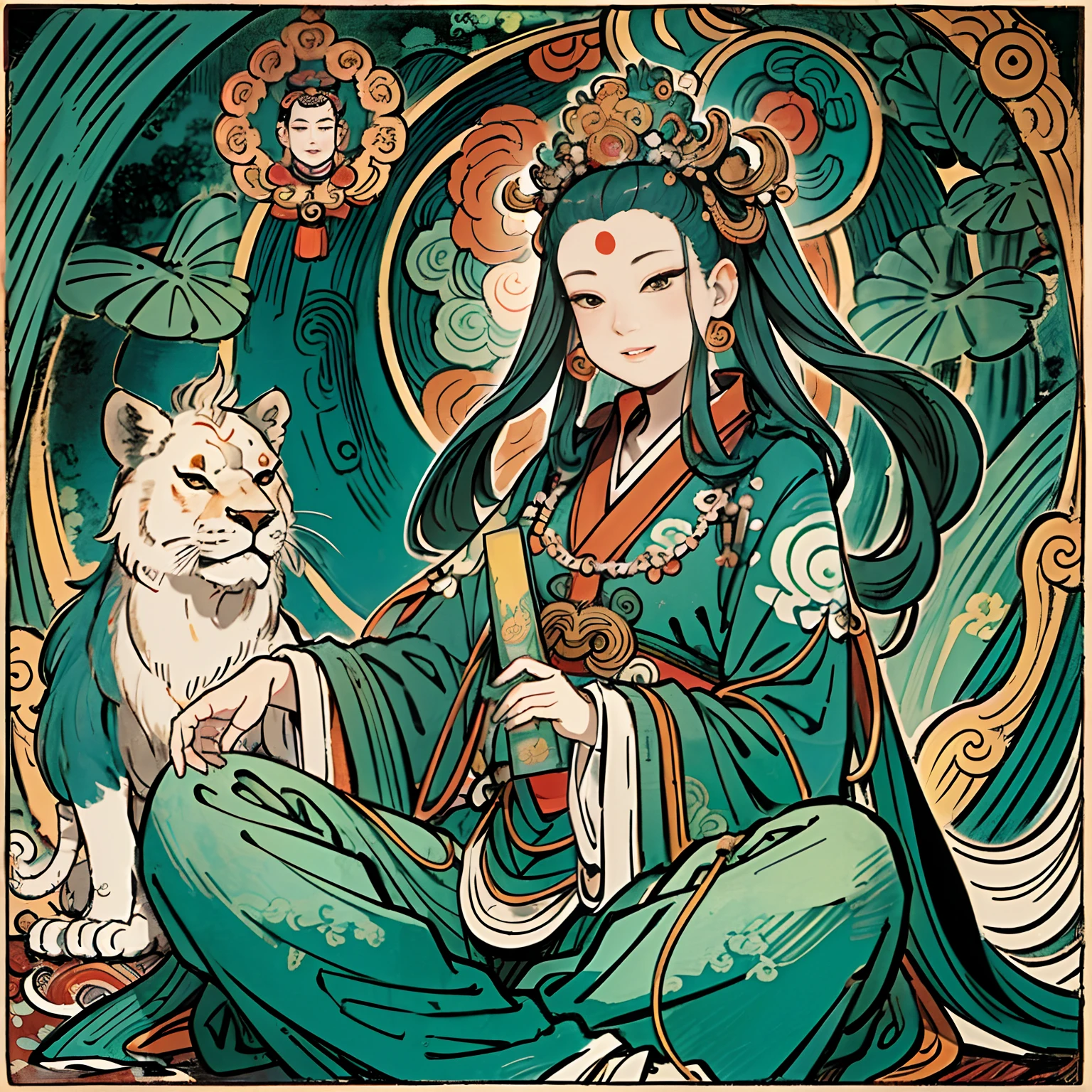 an ancient Chinese goddess, guanyin of the southern seas, Guanyin, Inspired by India, Avalokiteshvara rides a lion，,Serene expression,shui mo hua,Buddha,Buddhist,Lotus,Chinese painting style,Thangka style