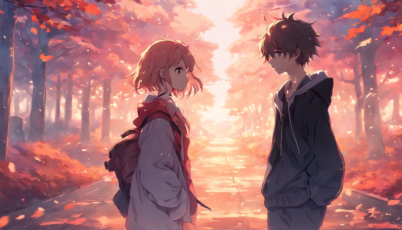 Eighteen year old anime boy, eighteen year old anime girl, two, holding hands, autumn background, highway avenue